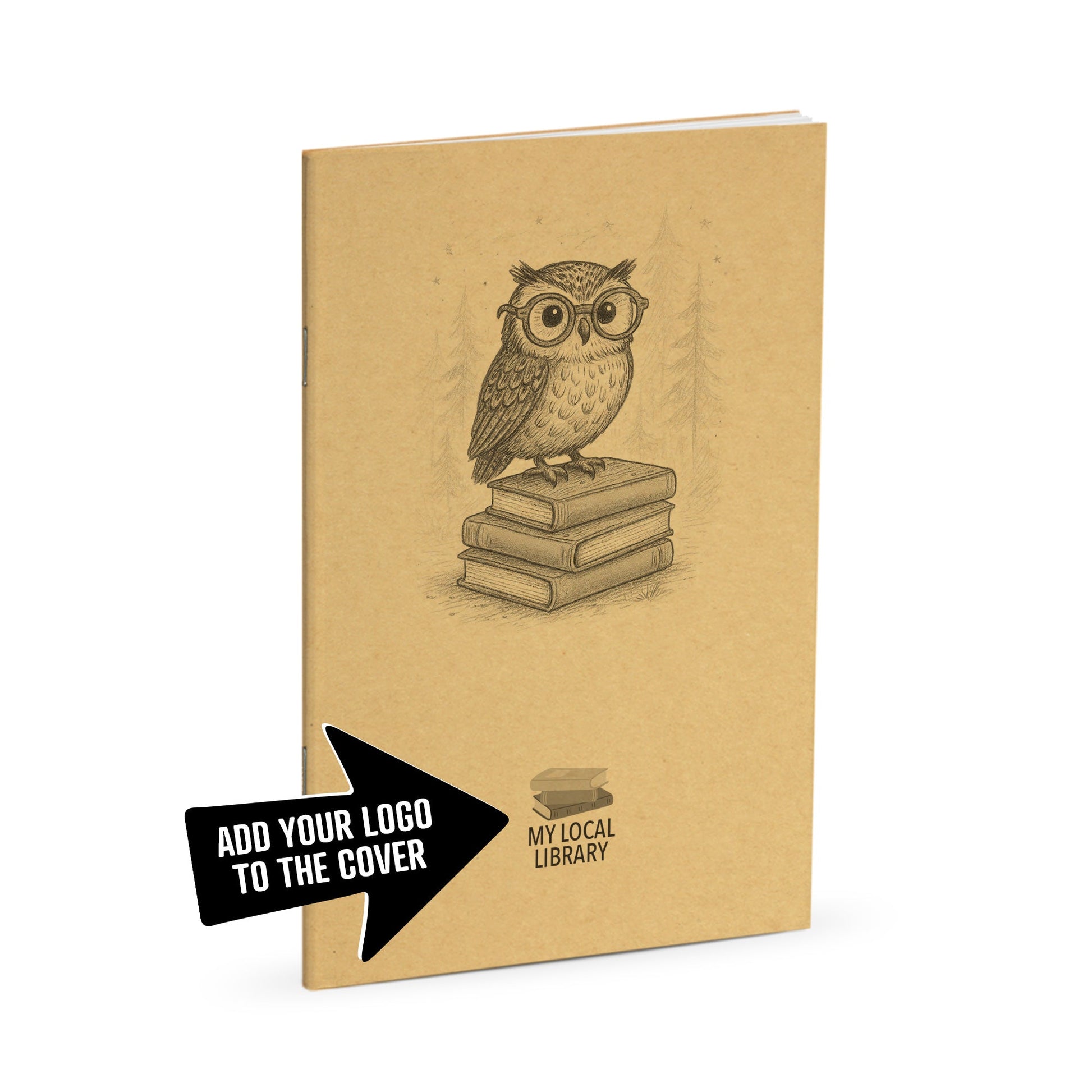 Library Journal, Wise Little Owl, Standard Stapled Notebook, Add Your Logo - Beech Tree Paper