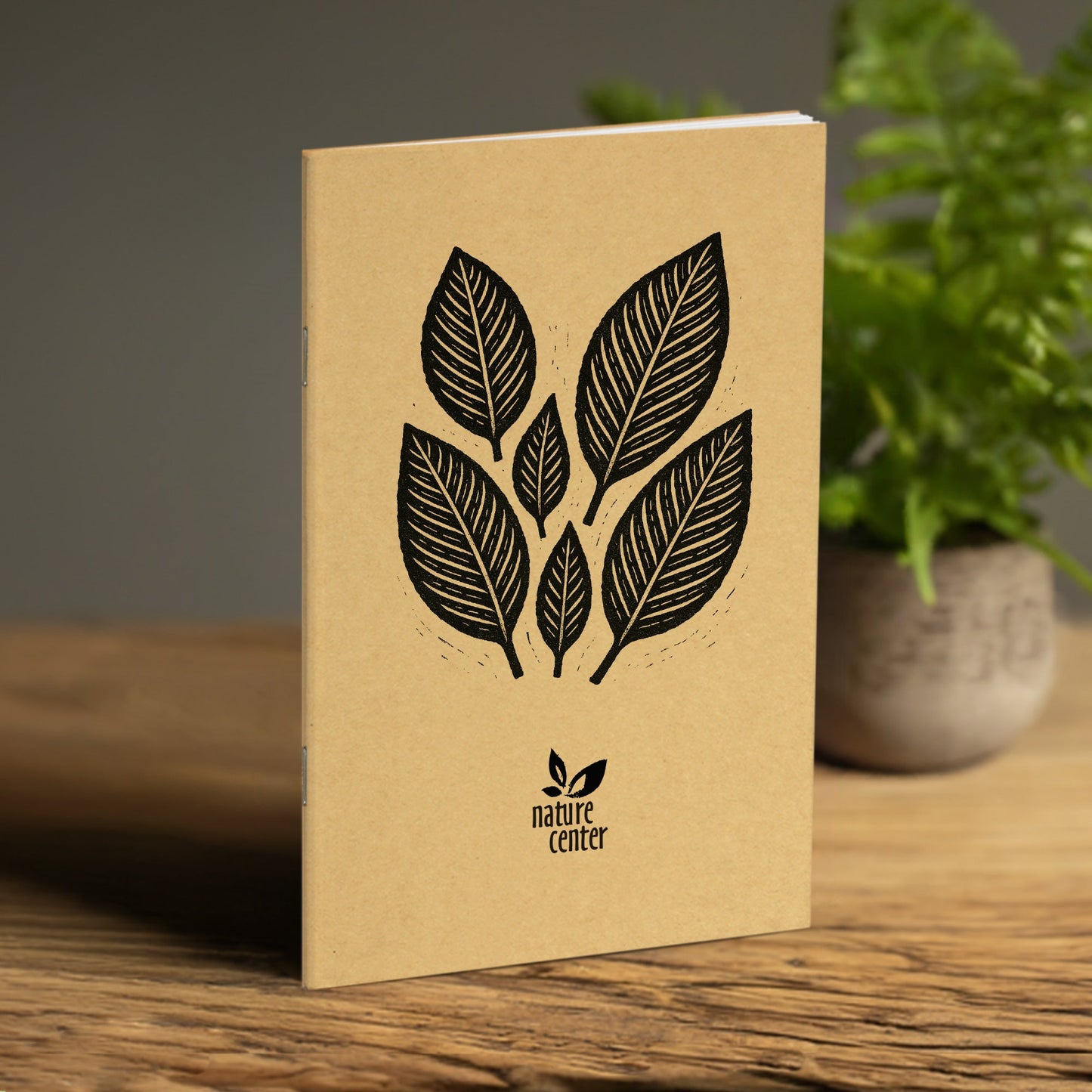 Nature Journal, Block Print Leaves, Standard Stapled Notebook, Add Your Logo - Beech Tree Paper