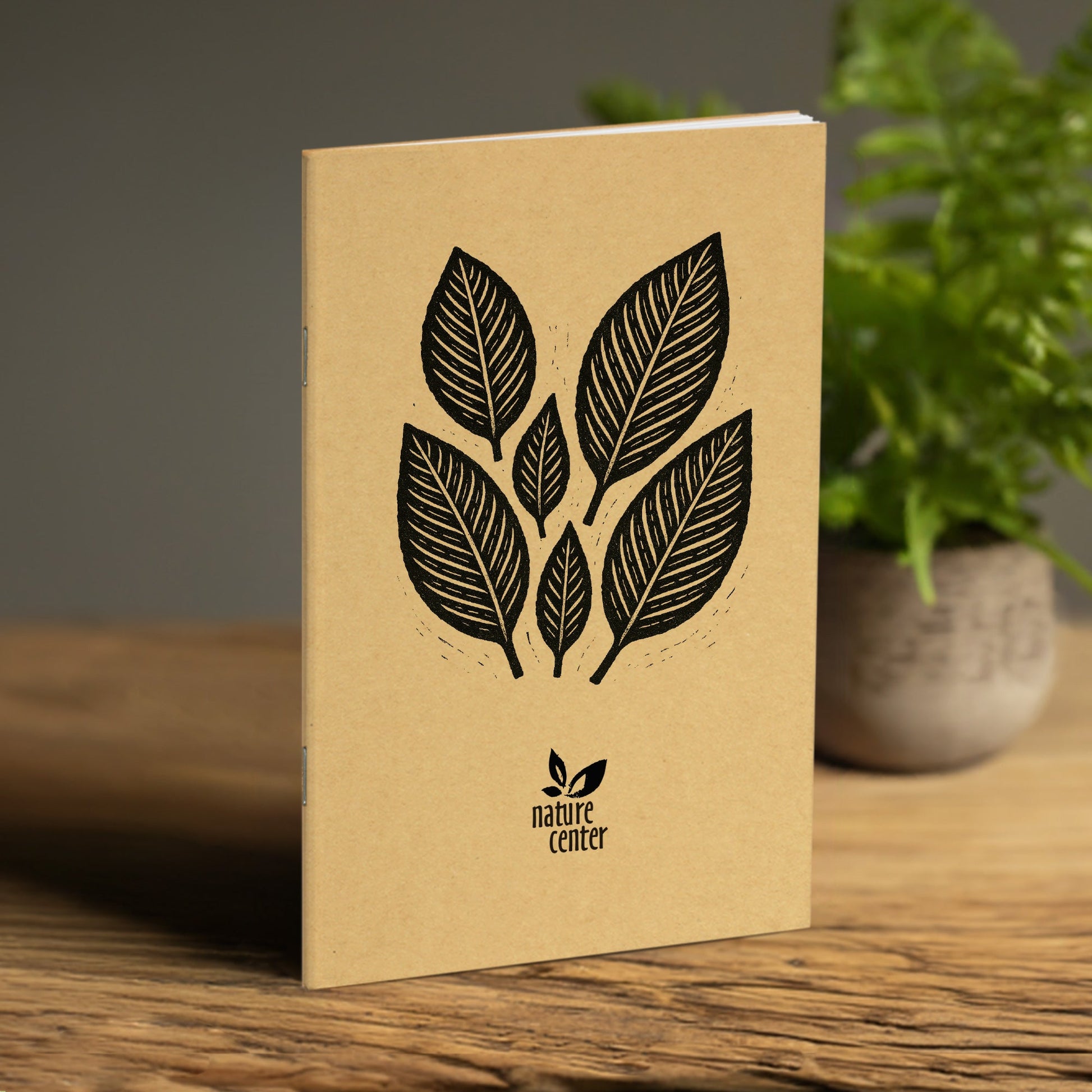 Nature Journal, Block Print Leaves, Standard Stapled Notebook, Add Your Logo - Beech Tree Paper