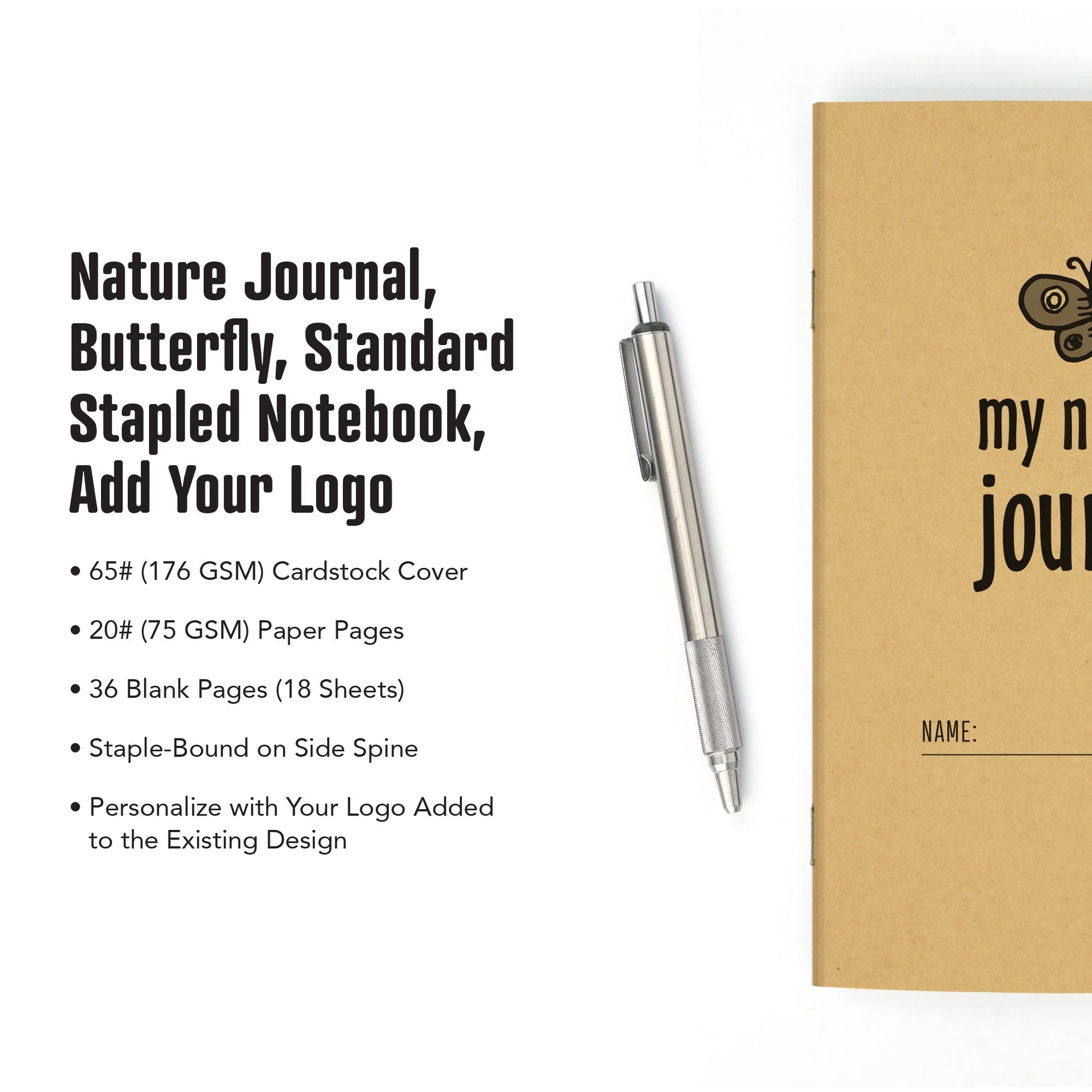 Nature Journal, Butterfly, Standard Stapled Notebook, Add Your Logo - Beech Tree Paper