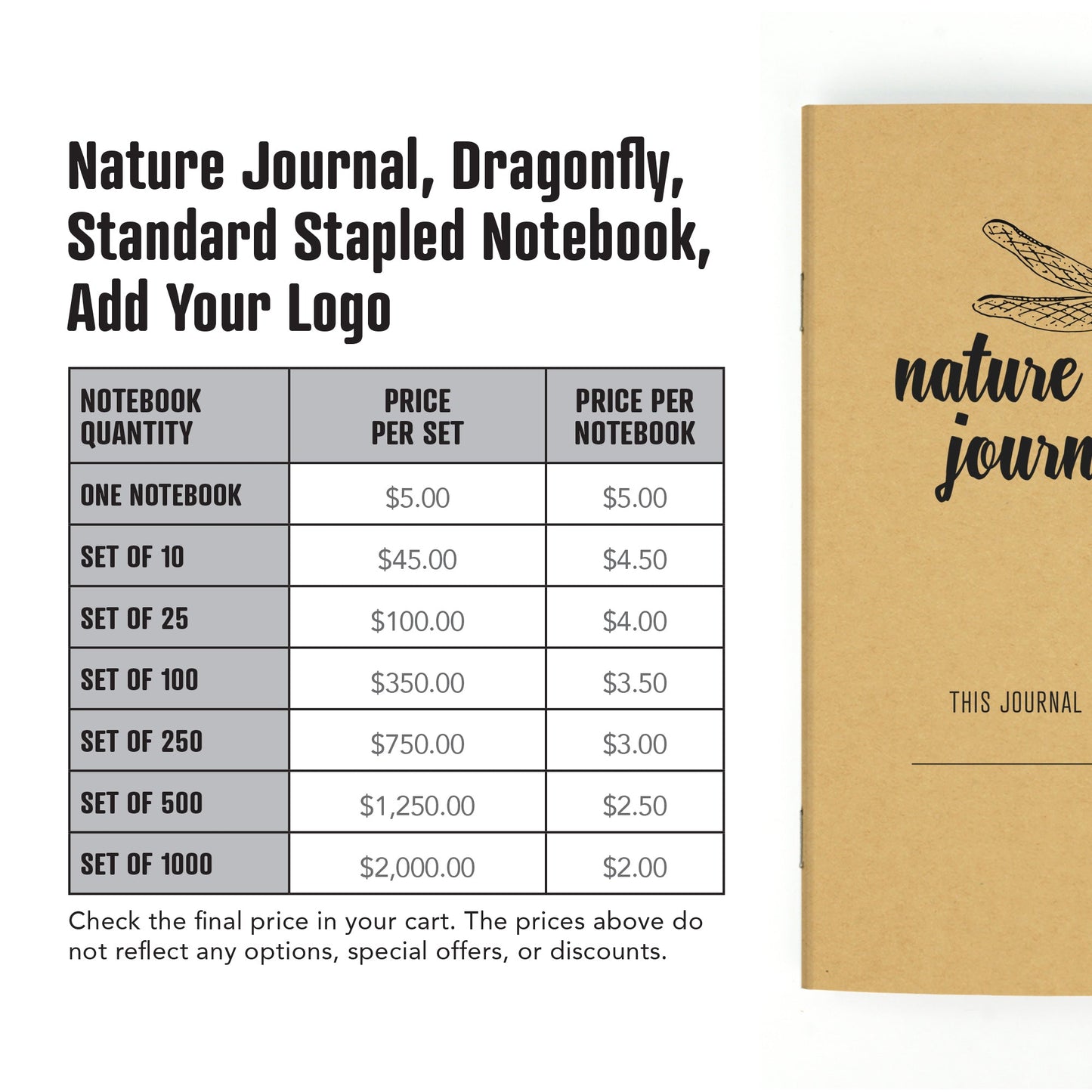 Nature Journal, Dragonfly, Standard Stapled Notebook, Add Your Logo - Beech Tree Paper