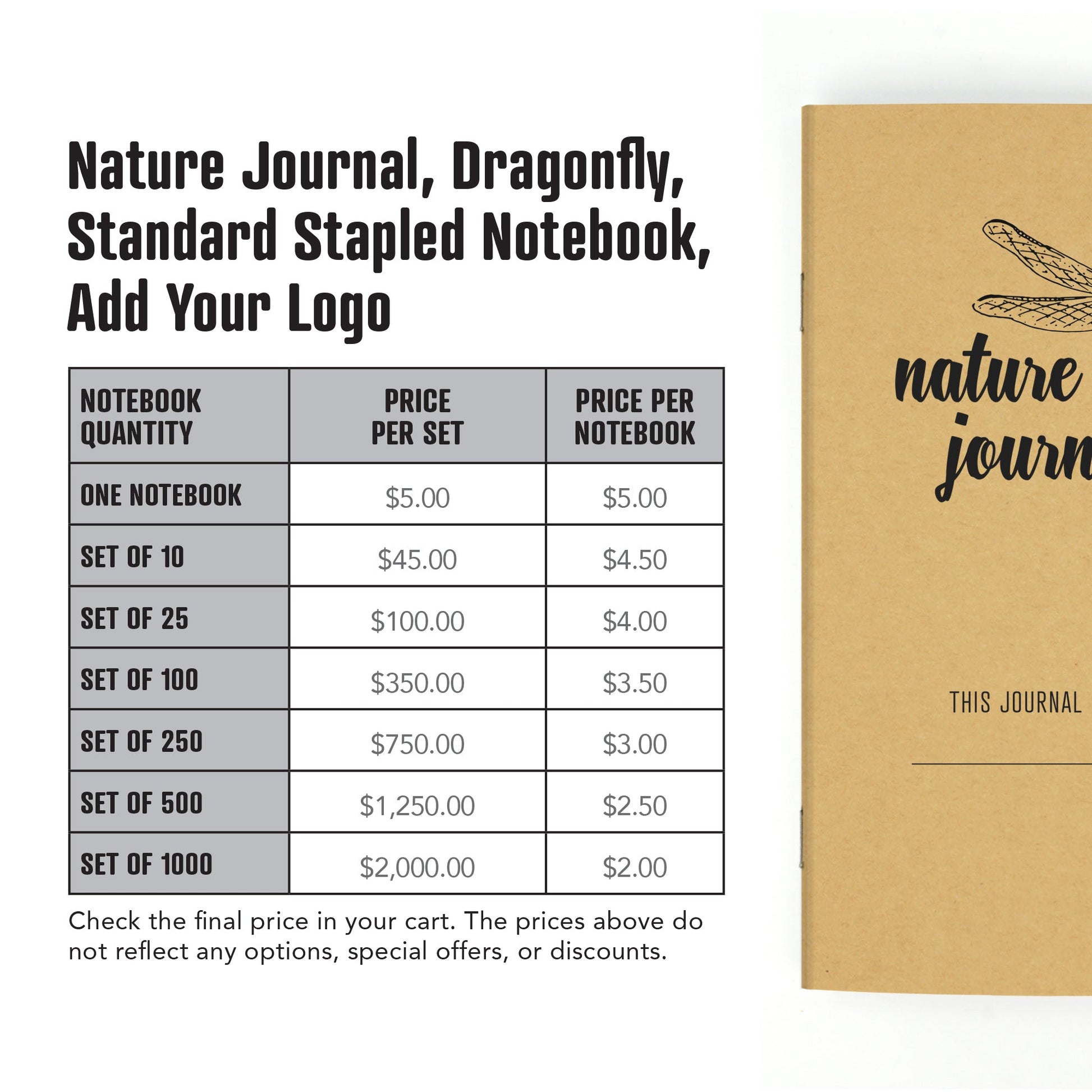 Nature Journal, Dragonfly, Standard Stapled Notebook, Add Your Logo - Beech Tree Paper