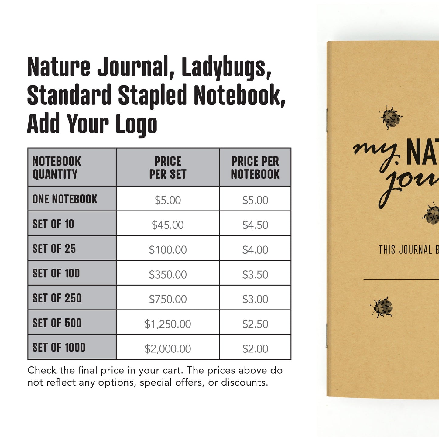 Nature Journal, Ladybugs, Standard Stapled Notebook, Add Your Logo - Beech Tree Paper