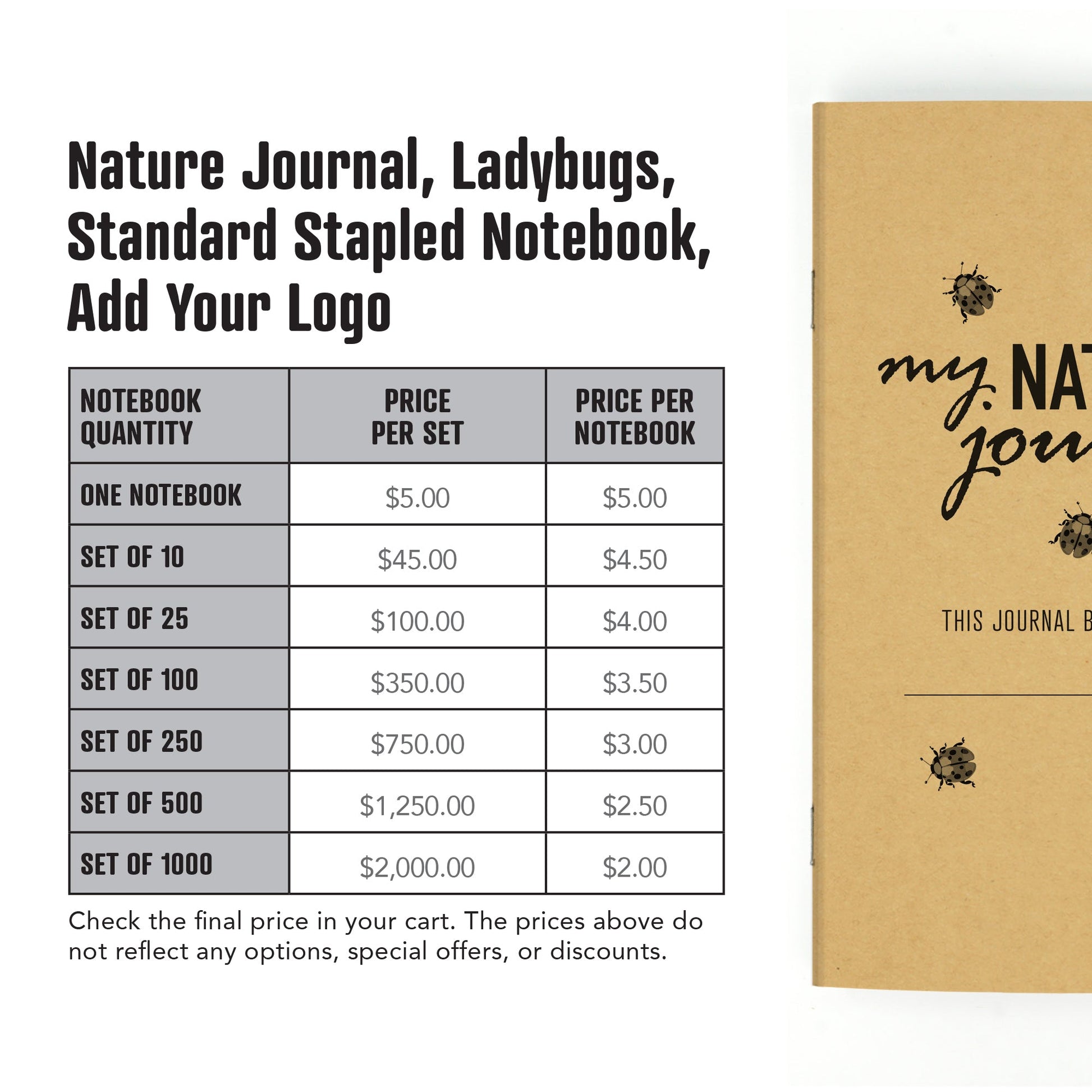 Nature Journal, Ladybugs, Standard Stapled Notebook, Add Your Logo - Beech Tree Paper