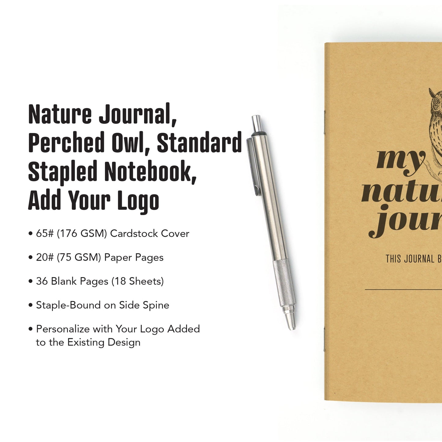 Nature Journal, Perched Owl, Standard Stapled Notebook, Add Your Logo - Beech Tree Paper