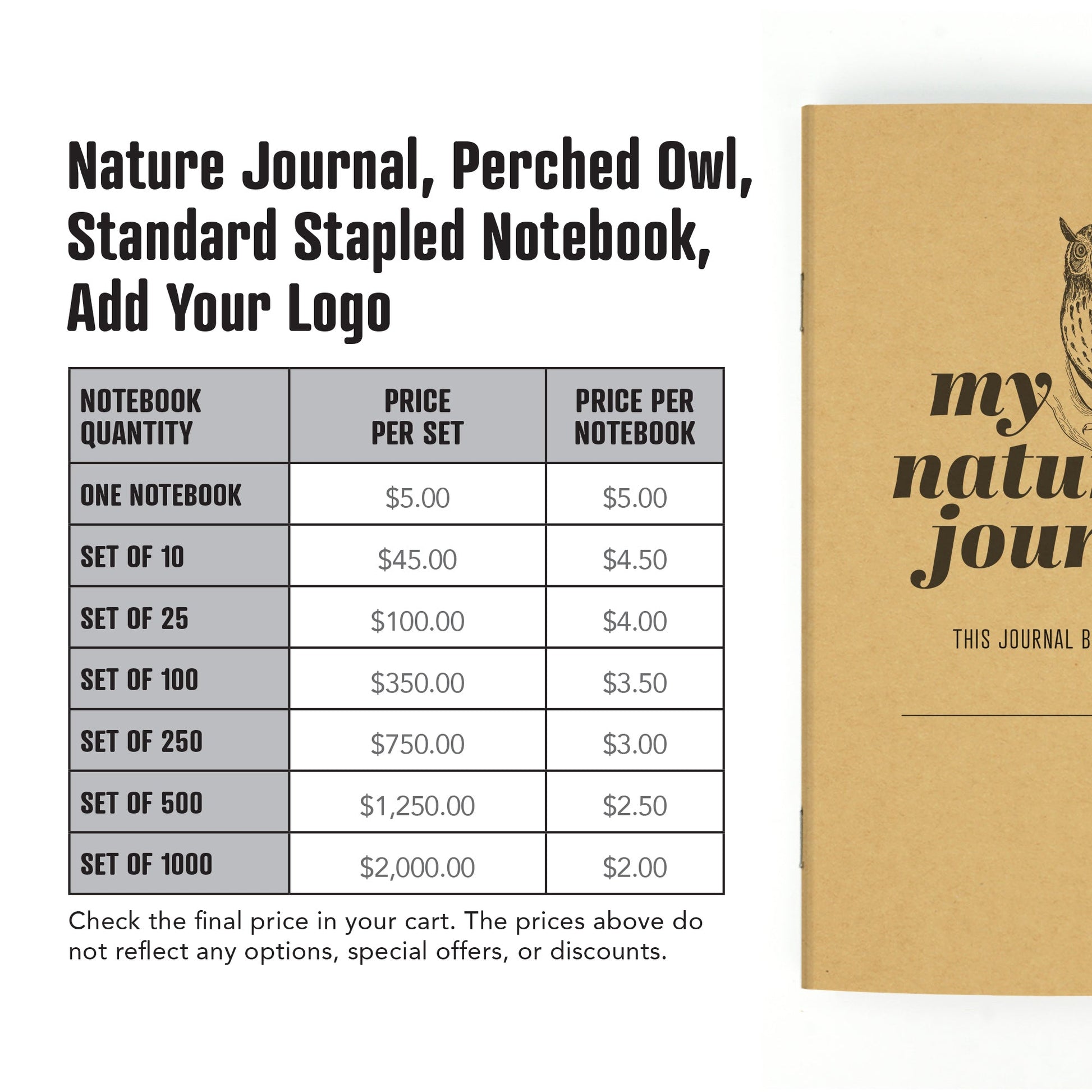 Nature Journal, Perched Owl, Standard Stapled Notebook, Add Your Logo - Beech Tree Paper