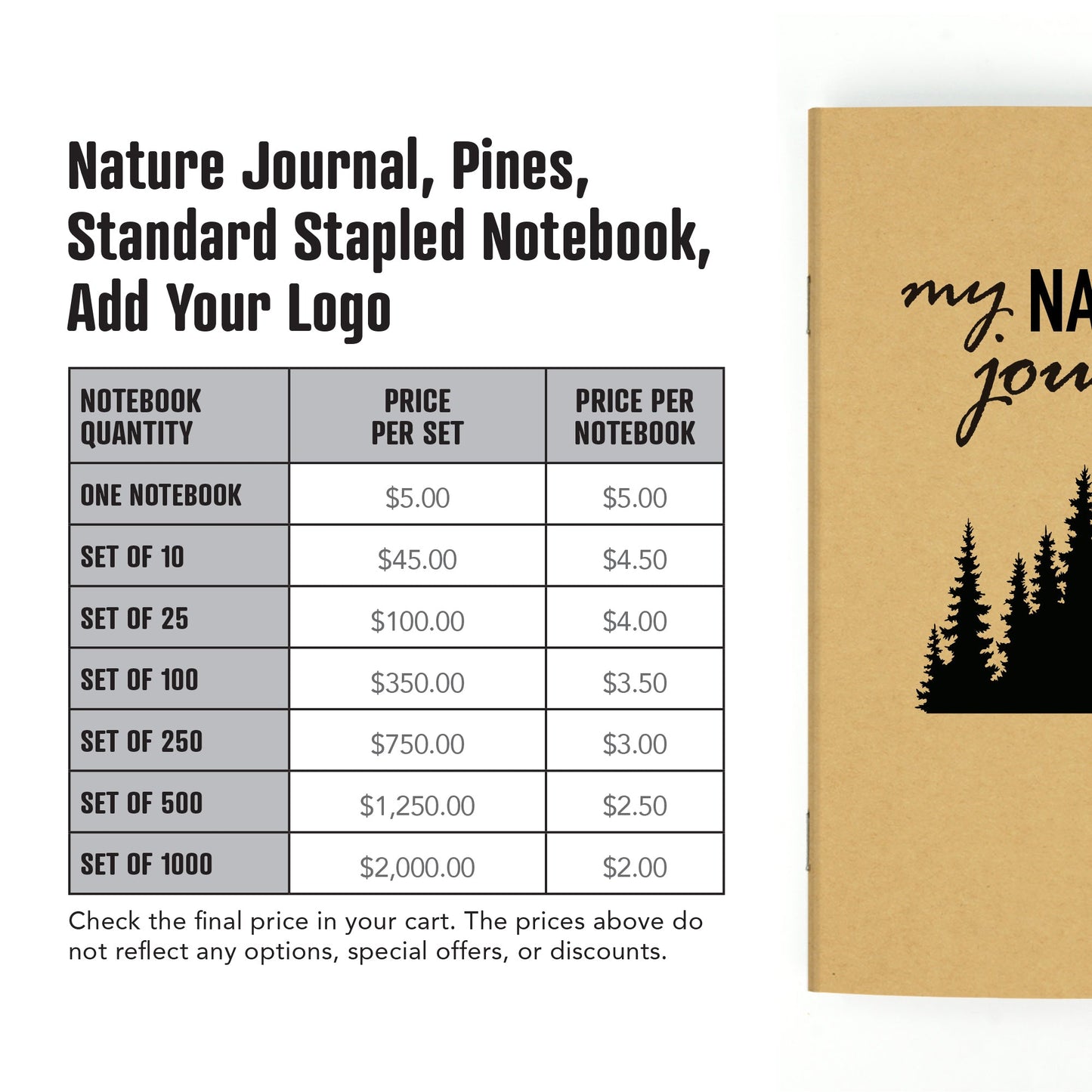 Nature Journal, Pines, Standard Stapled Notebook, Add Your Logo - Beech Tree Paper