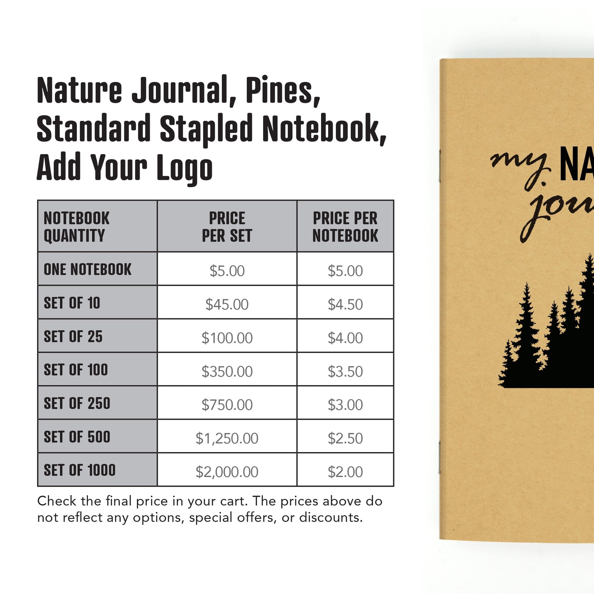 Nature Journal, Pines, Standard Stapled Notebook, Add Your Logo - Beech Tree Paper