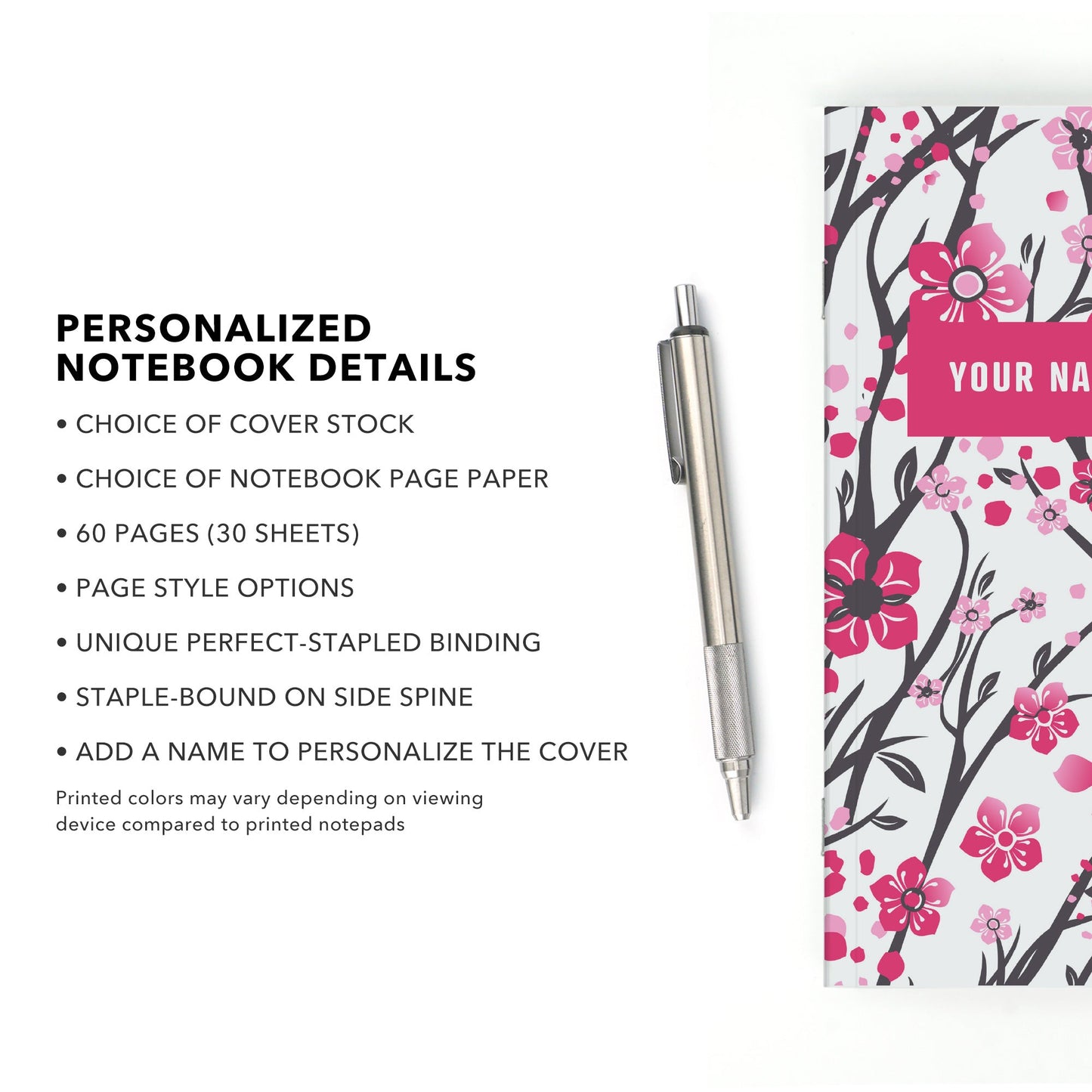 Personalized Notebook, Pink Blossoms, Add Your Name - Beech Tree Paper