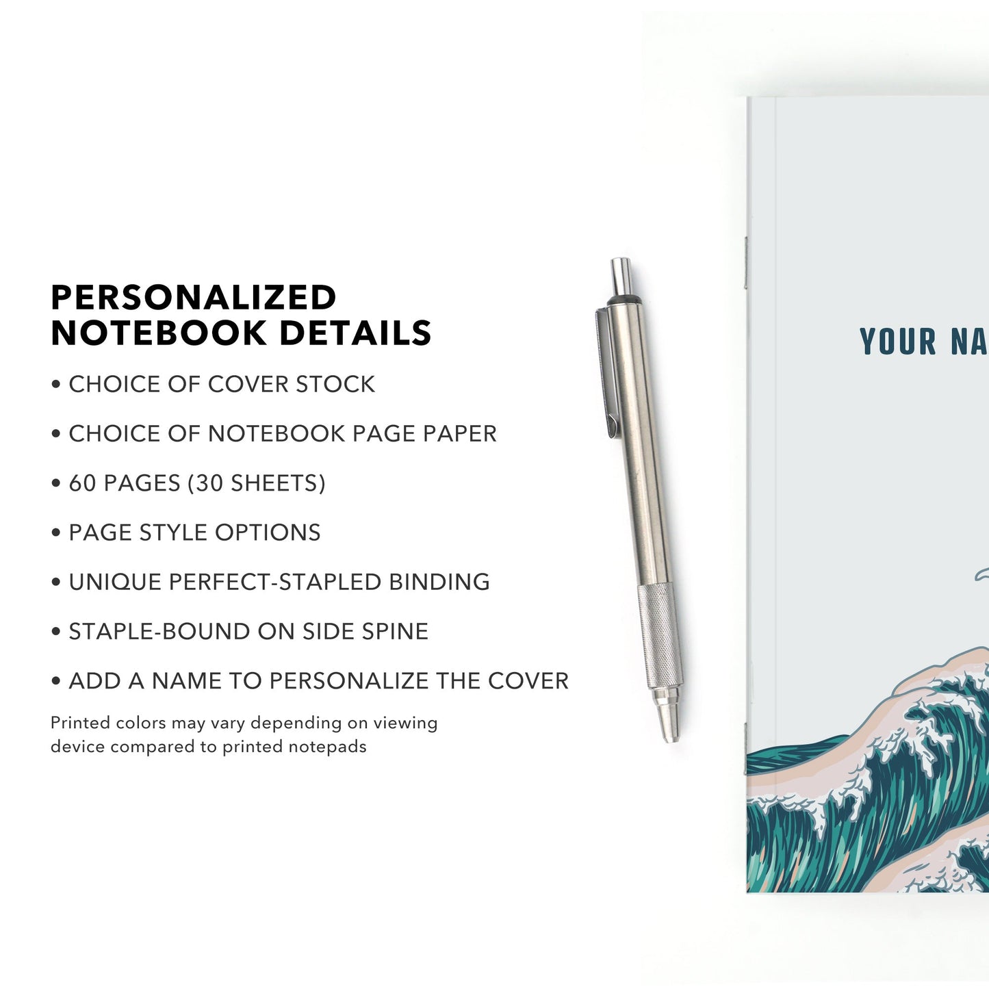 Personalized Notebook, Waves, Add Your Name - Beech Tree Paper
