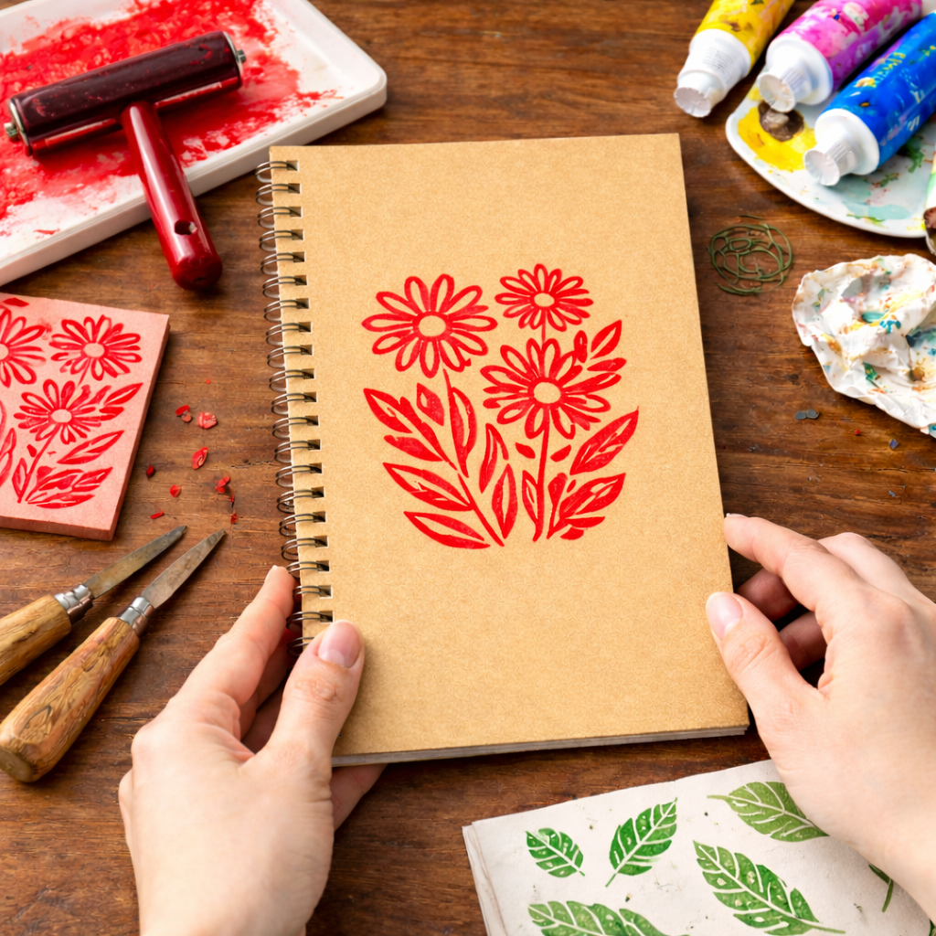 Blank notebook sample with block printing on cover.