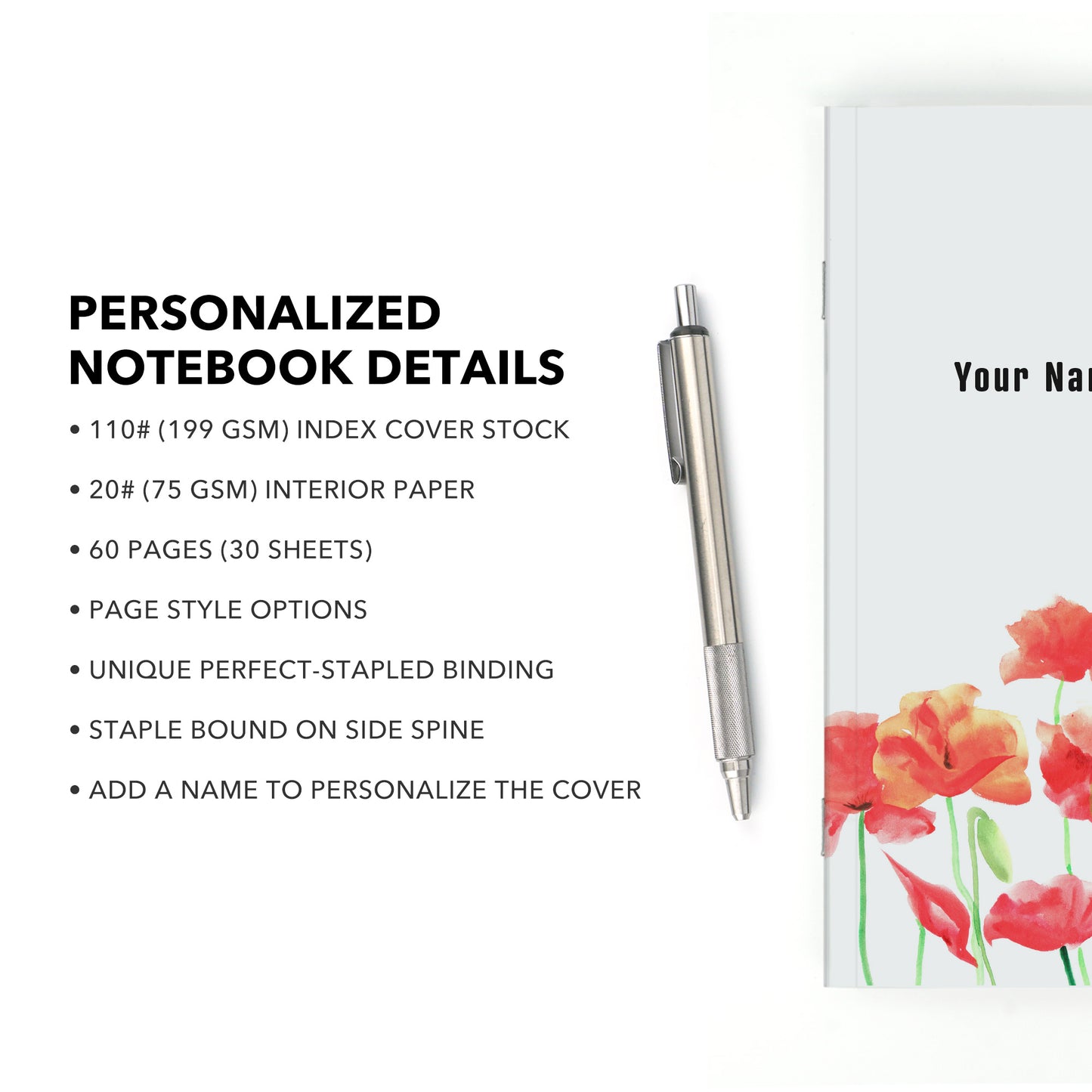 Personalized Notebook, Poppies, Add Your Name