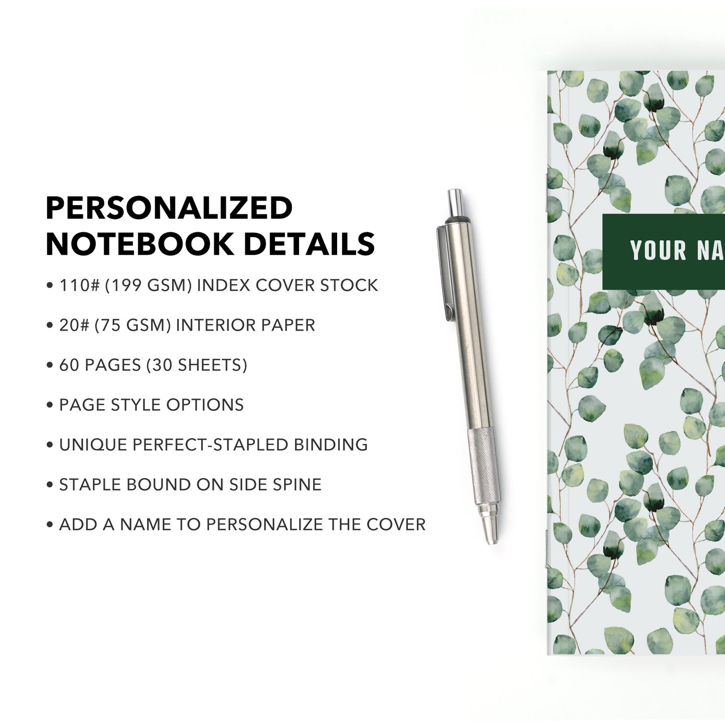 Personalized Notebook, Watercolor Leaves, Add Your Name