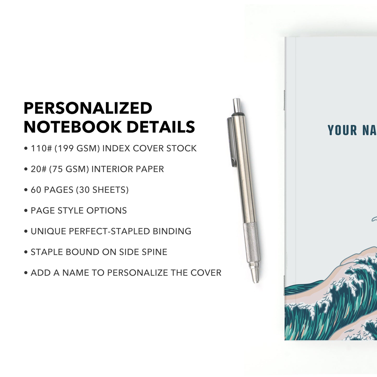 Personalized Notebook, Waves, Add Your Name
