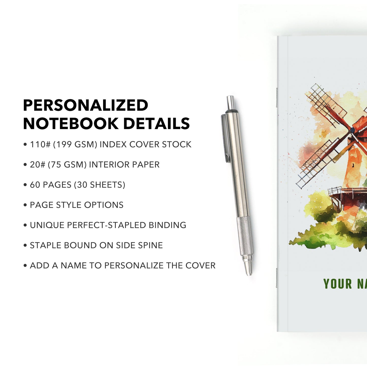Personalized Notebook, Windmill, Add Your Name