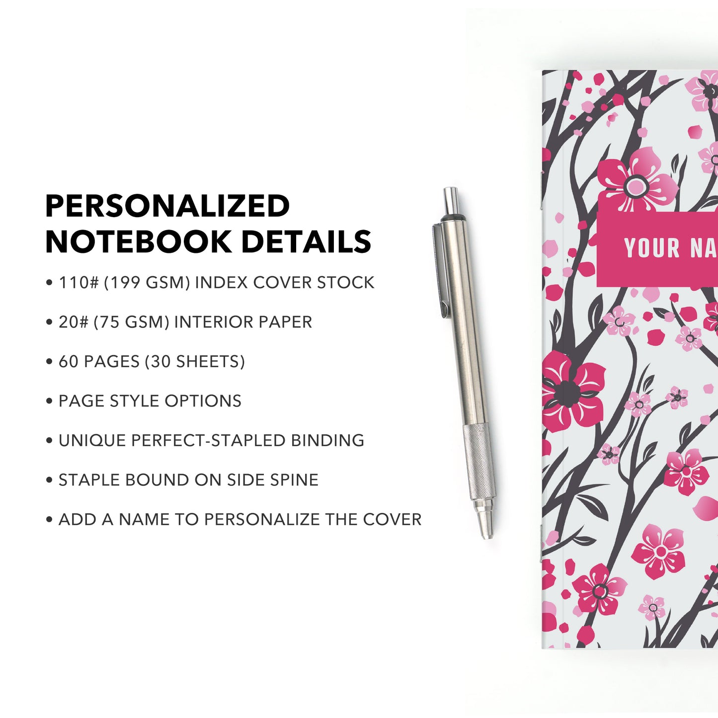 Personalized Notebook, Pink Blossoms, Add Your Name