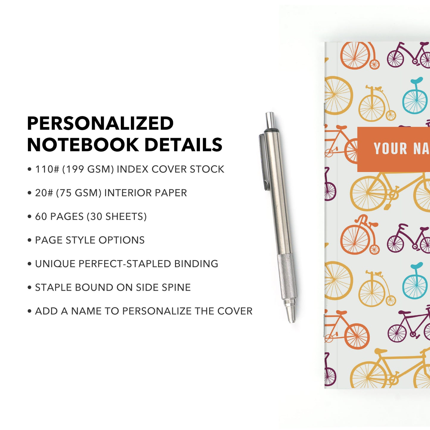 Personalized Notebook, Bicycles, Add Your Name