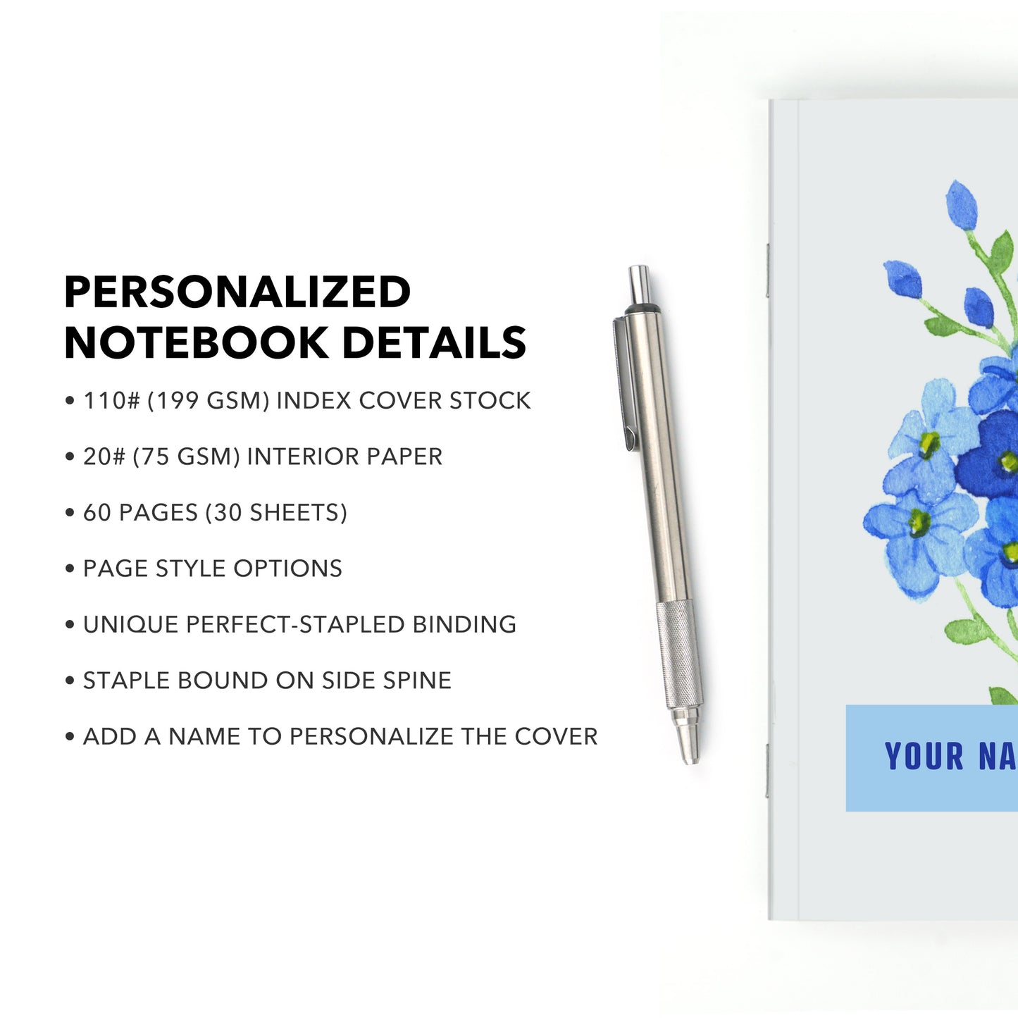 Personalized Notebook, Forget-Me-Not Flowers, Add Your Name