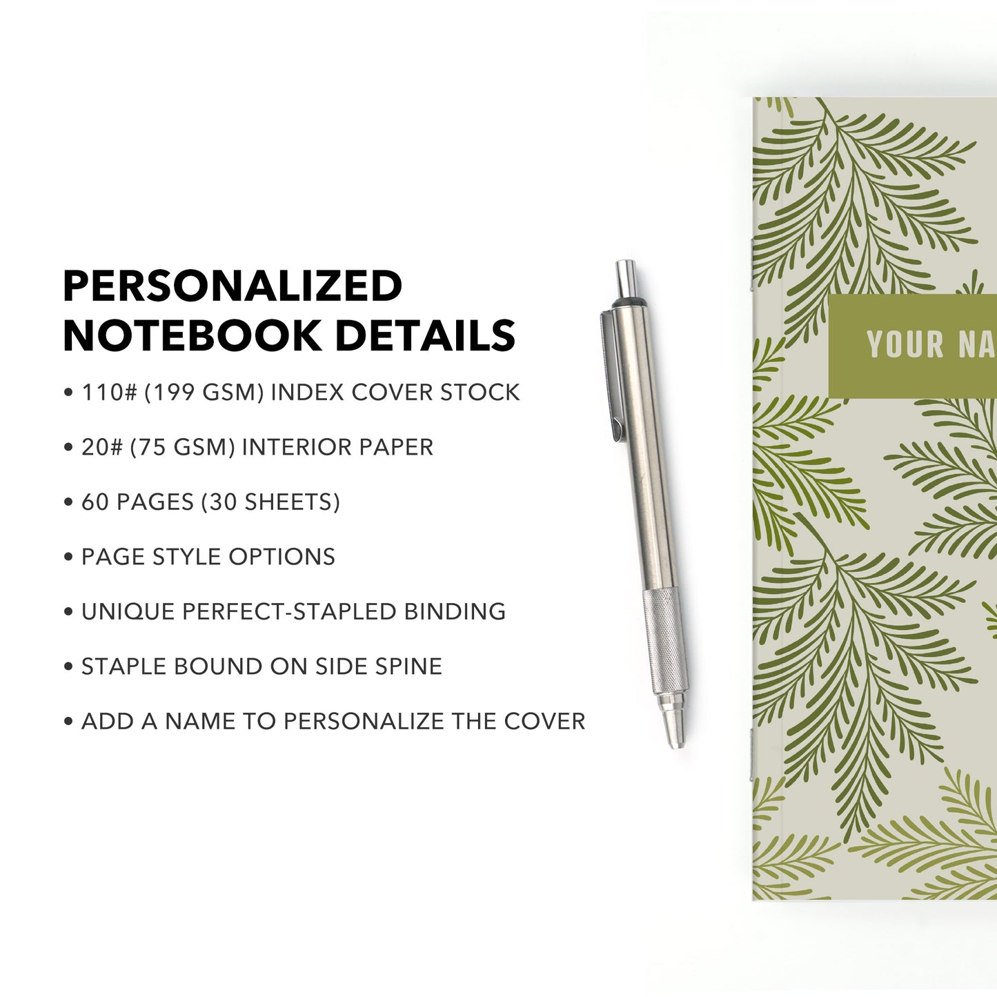 Personalized Notebook, Green Leaves, Add Your Name