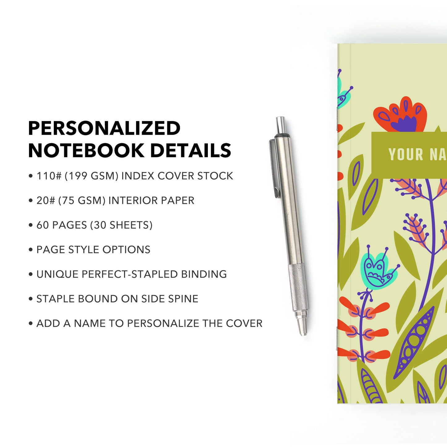 Personalized Notebook, Swedish Flower Garden, Add Your Name