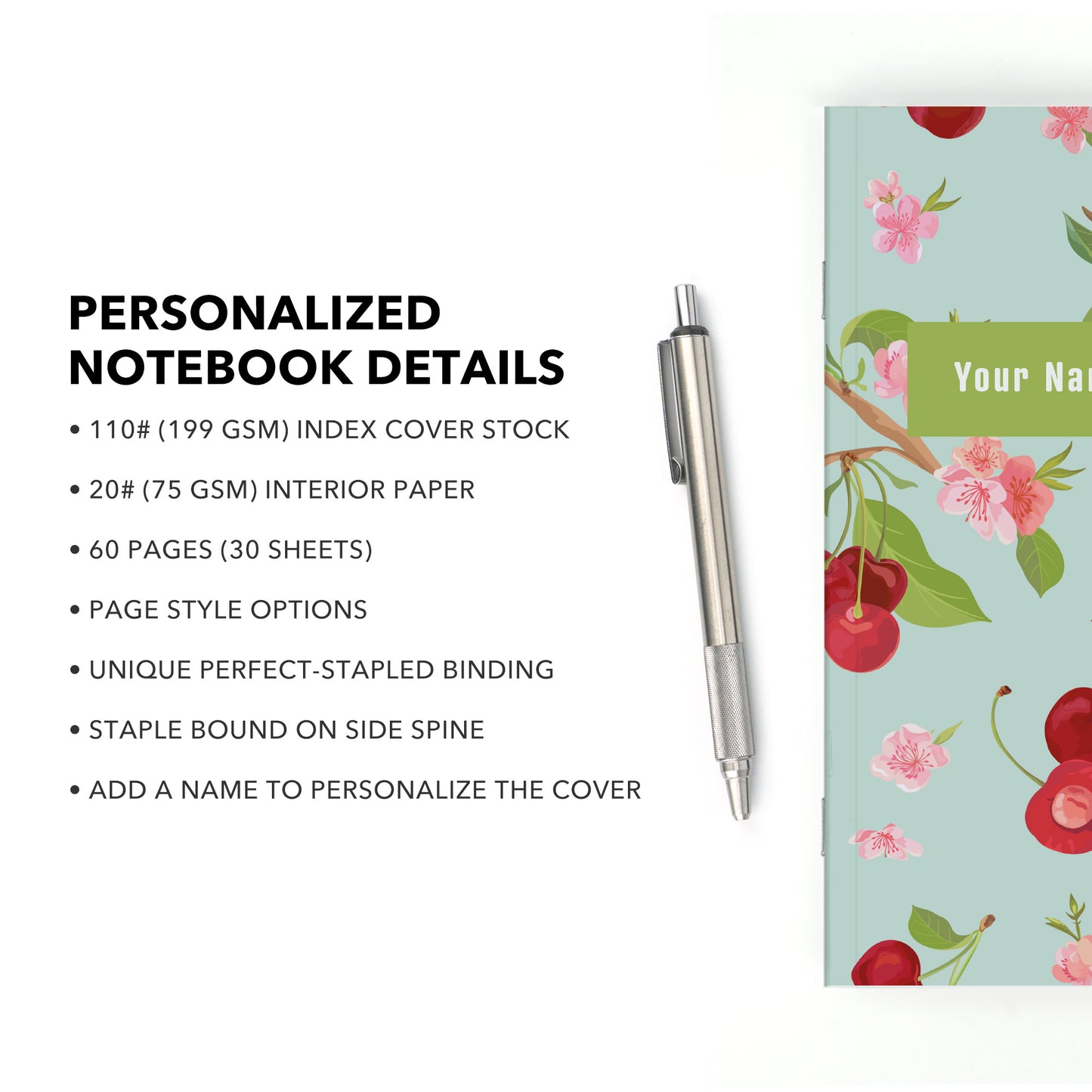 Personalized Notebook, Cherry Blossoms, Add Your Name