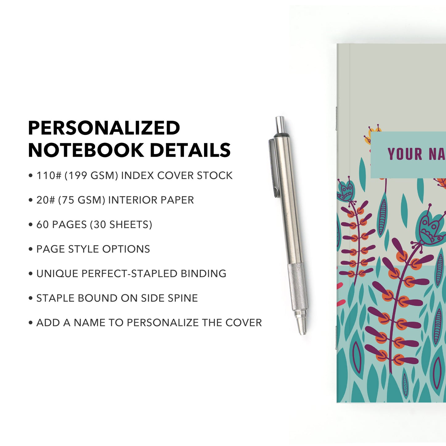 Personalized Notebook, Swedish Flower Garden, Add Your Name