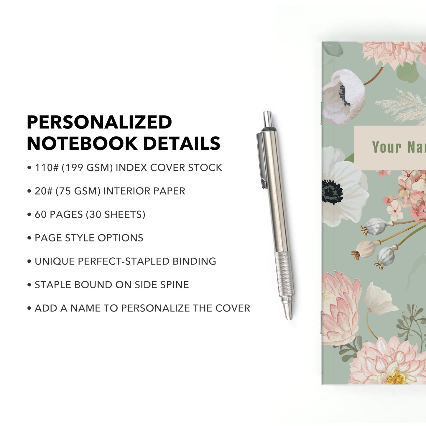 Personalized Notebook, Painted Flowers, Add Your Name