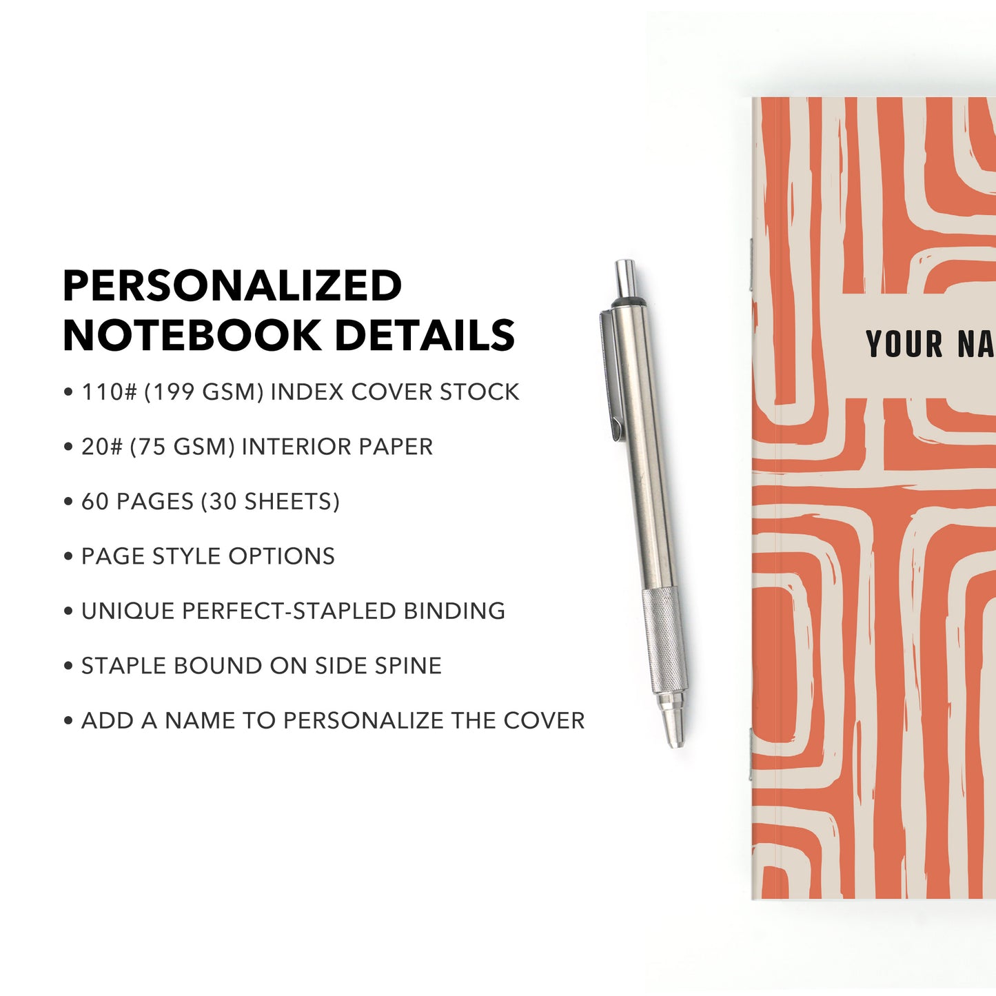 Personalized Notebook, Rough Line Pattern, Add Your Name