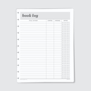 Planner Refill Paper, Book Log, Series One