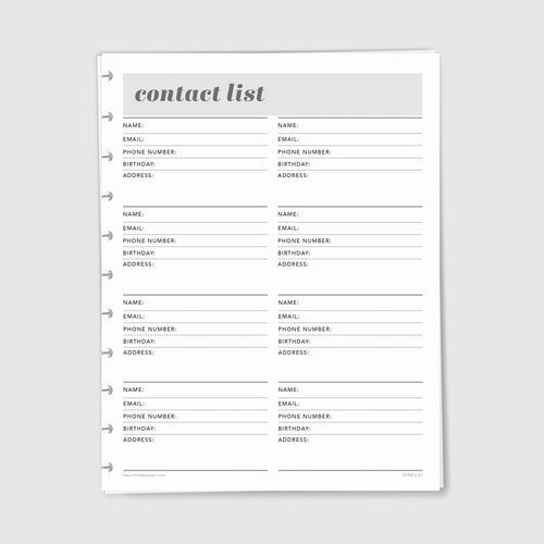 Planner Refill Paper, Contact List, Series One