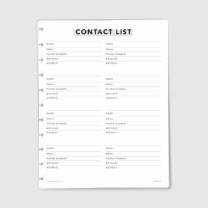 Planner Refill Paper, Contact List, Series Two