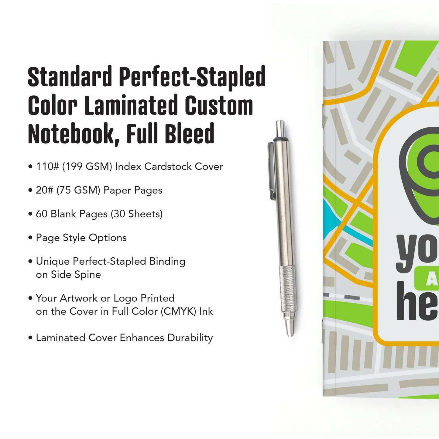 Standard Perfect-Stapled Color Laminated Custom Notebook, Add Your Artwork or Logo