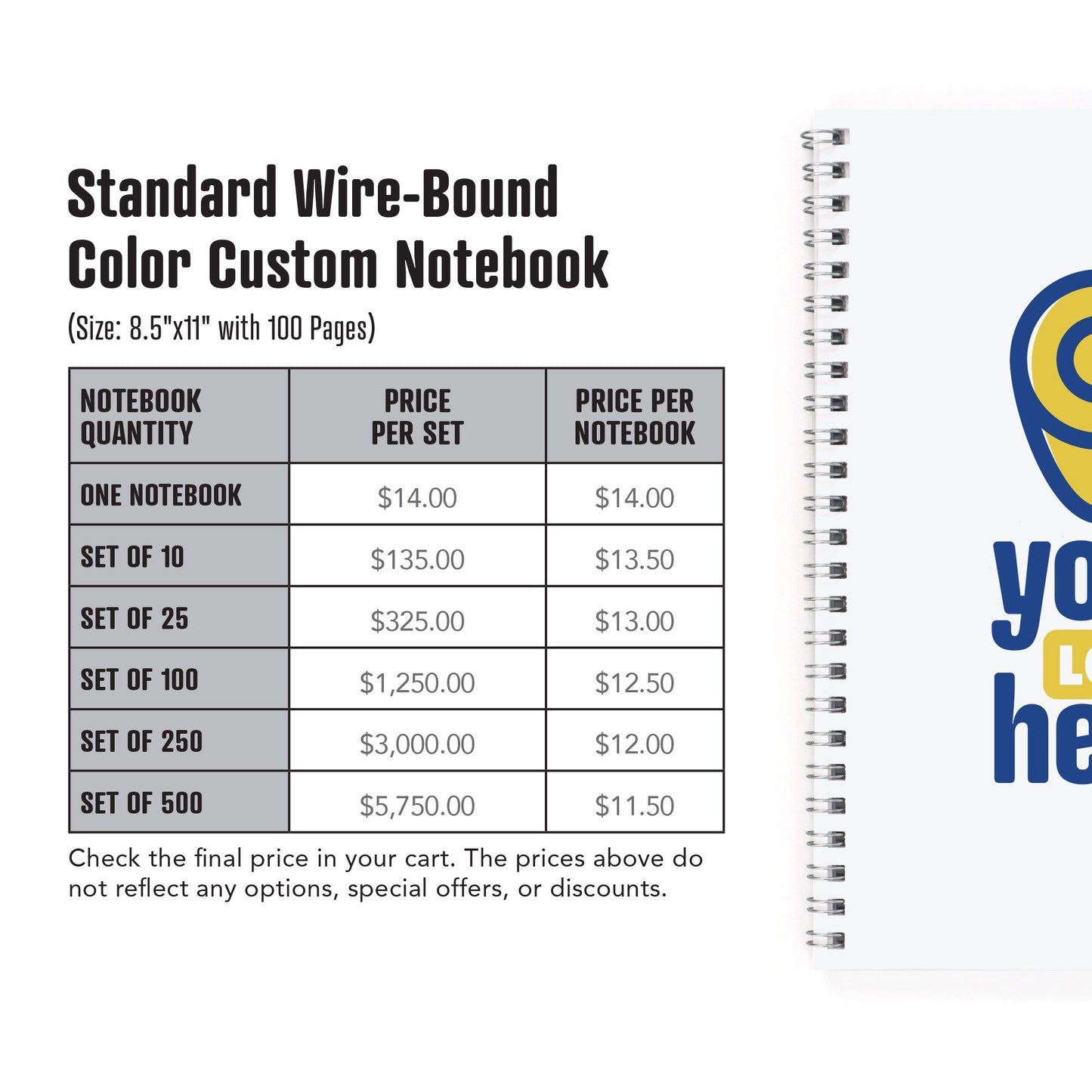 Standard Wire-Bound Color Custom Notebook, Add Your Artwork or Logo