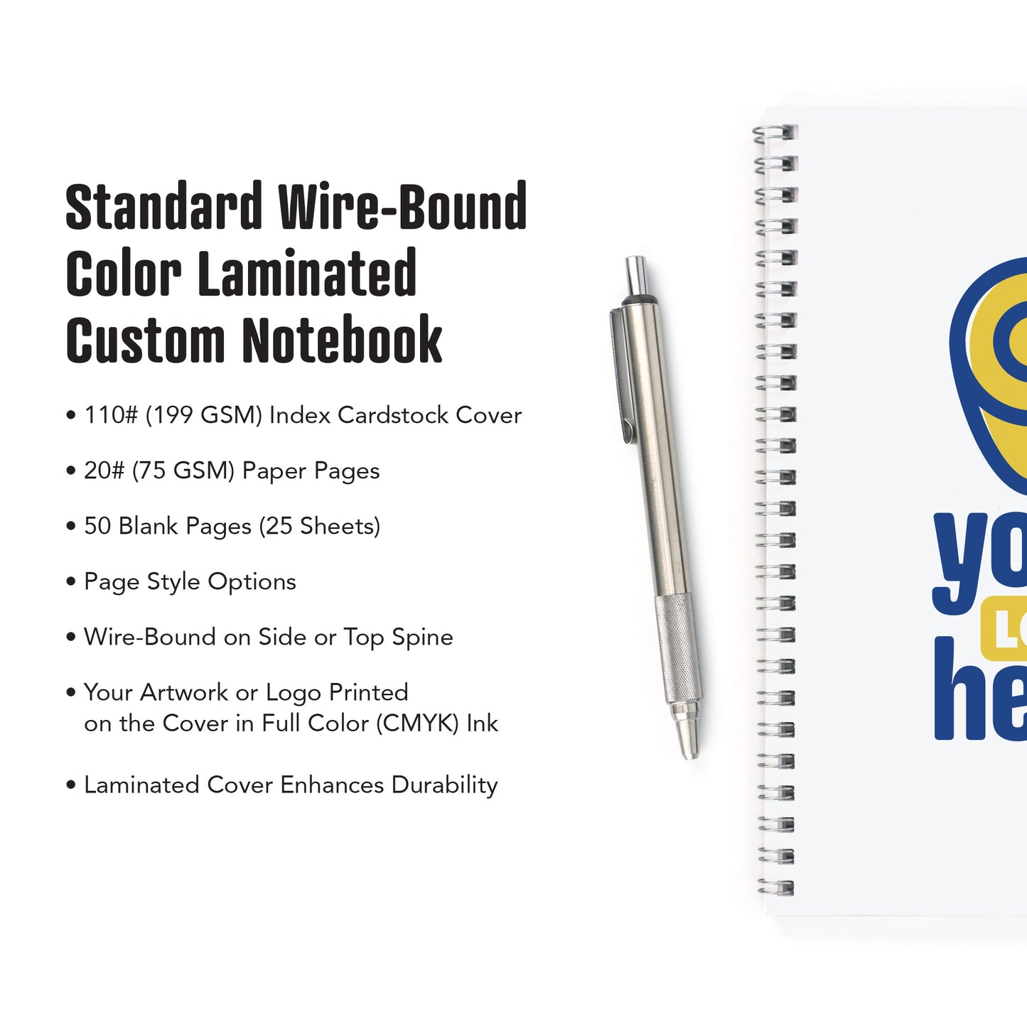 Standard Wire-Bound Color Laminated Custom Notebook, Add Your Artwork or Logo