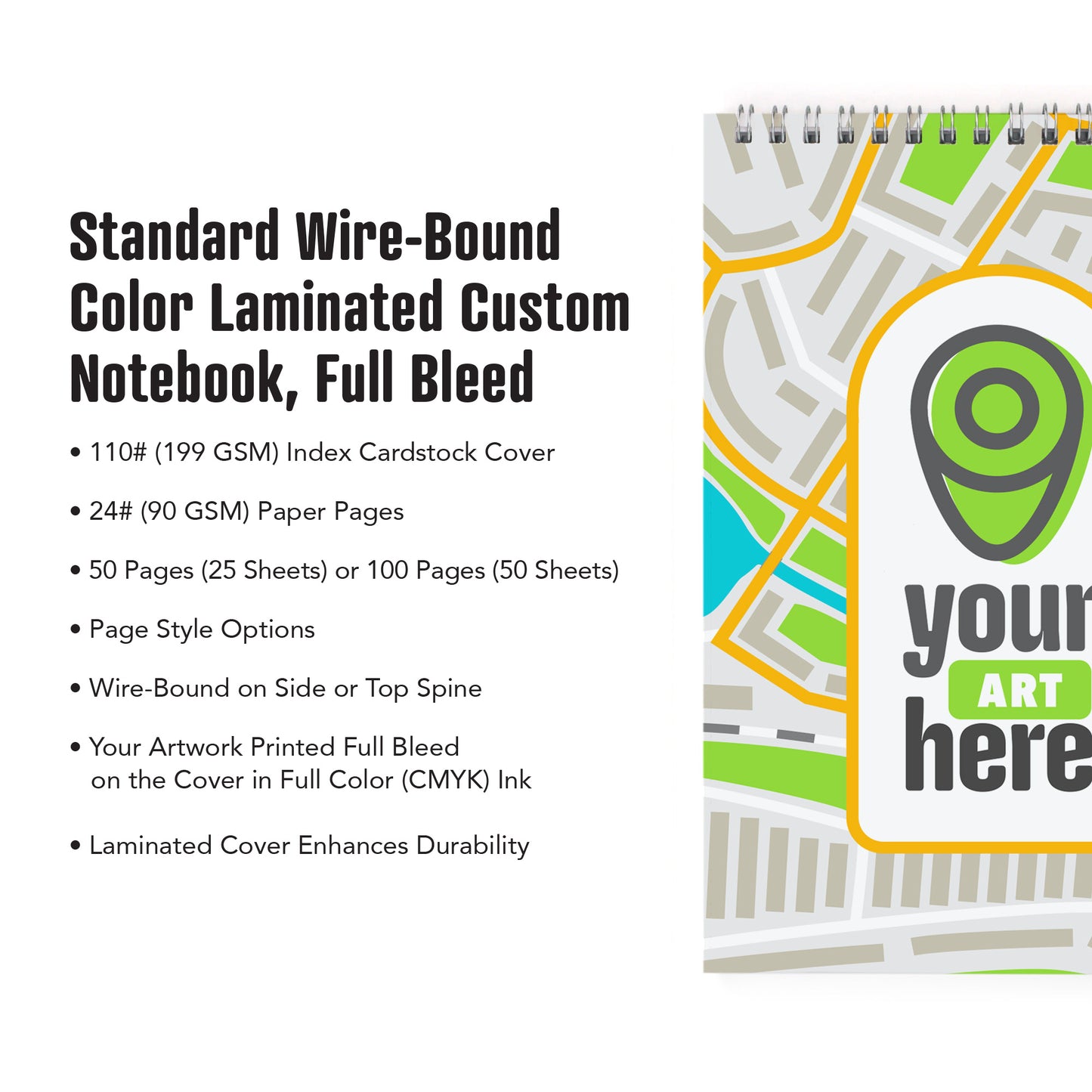 Standard Wire-Bound Color Laminated Custom Notebook, Full Bleed, Add Your Artwork or Logo