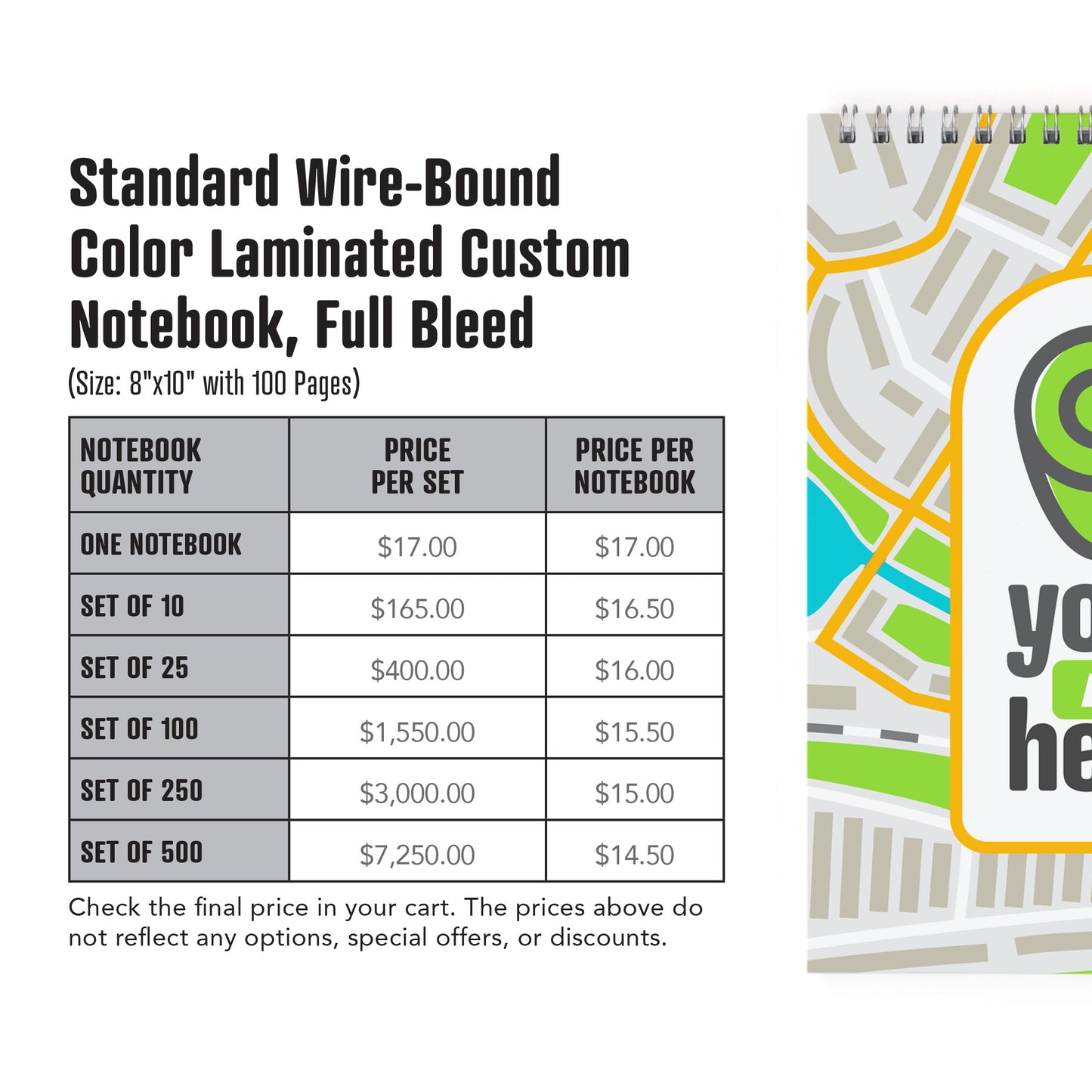 Standard Wire-Bound Color Laminated Custom Notebook, Full Bleed, Add Your Artwork or Logo