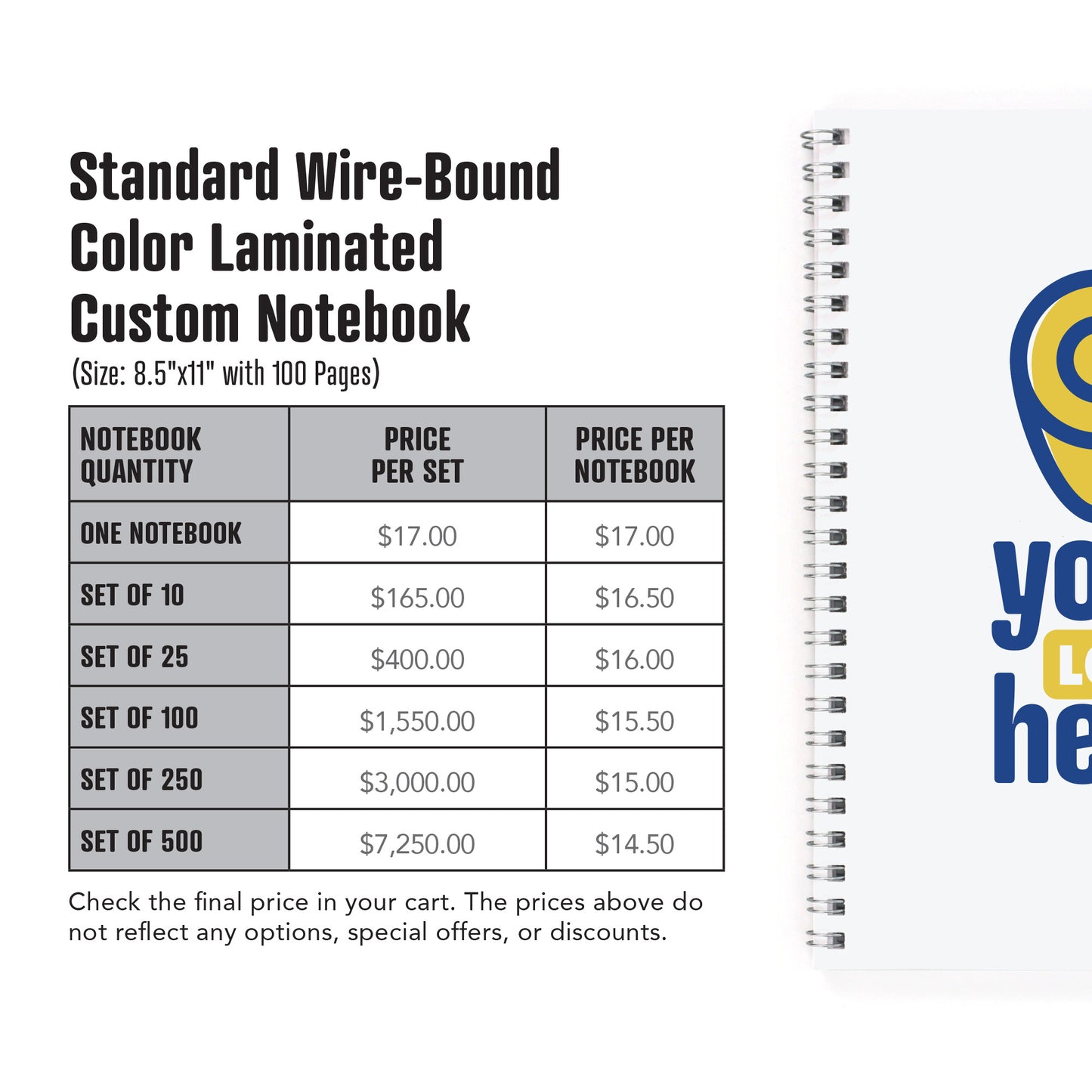 Standard Wire-Bound Color Laminated Custom Notebook, Add Your Artwork or Logo