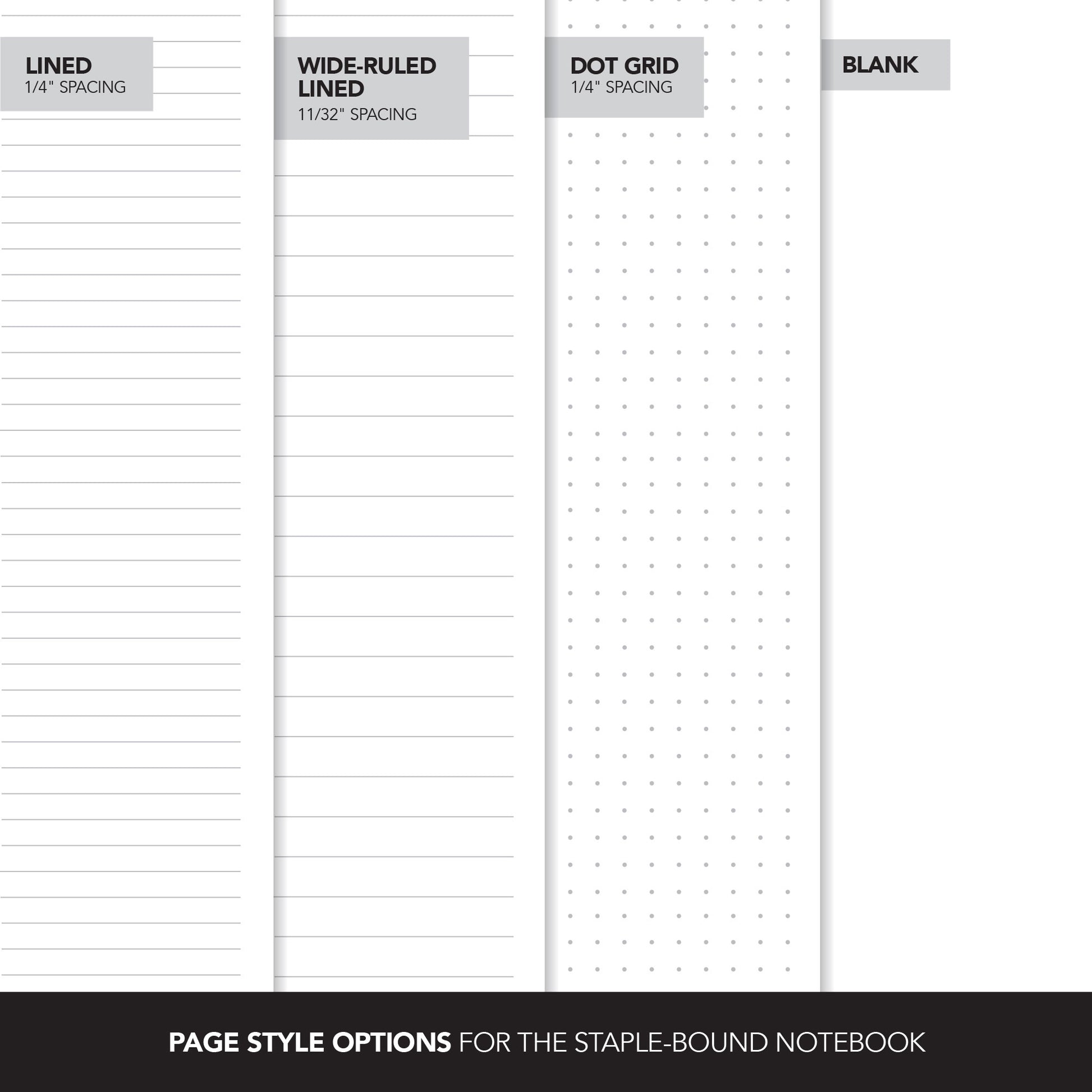 Notebook pages style options, lined, dot grid, wide-ruled, blank pages