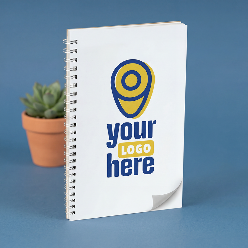 Custom wire-bound notebook with logo, great for business or educational supplies