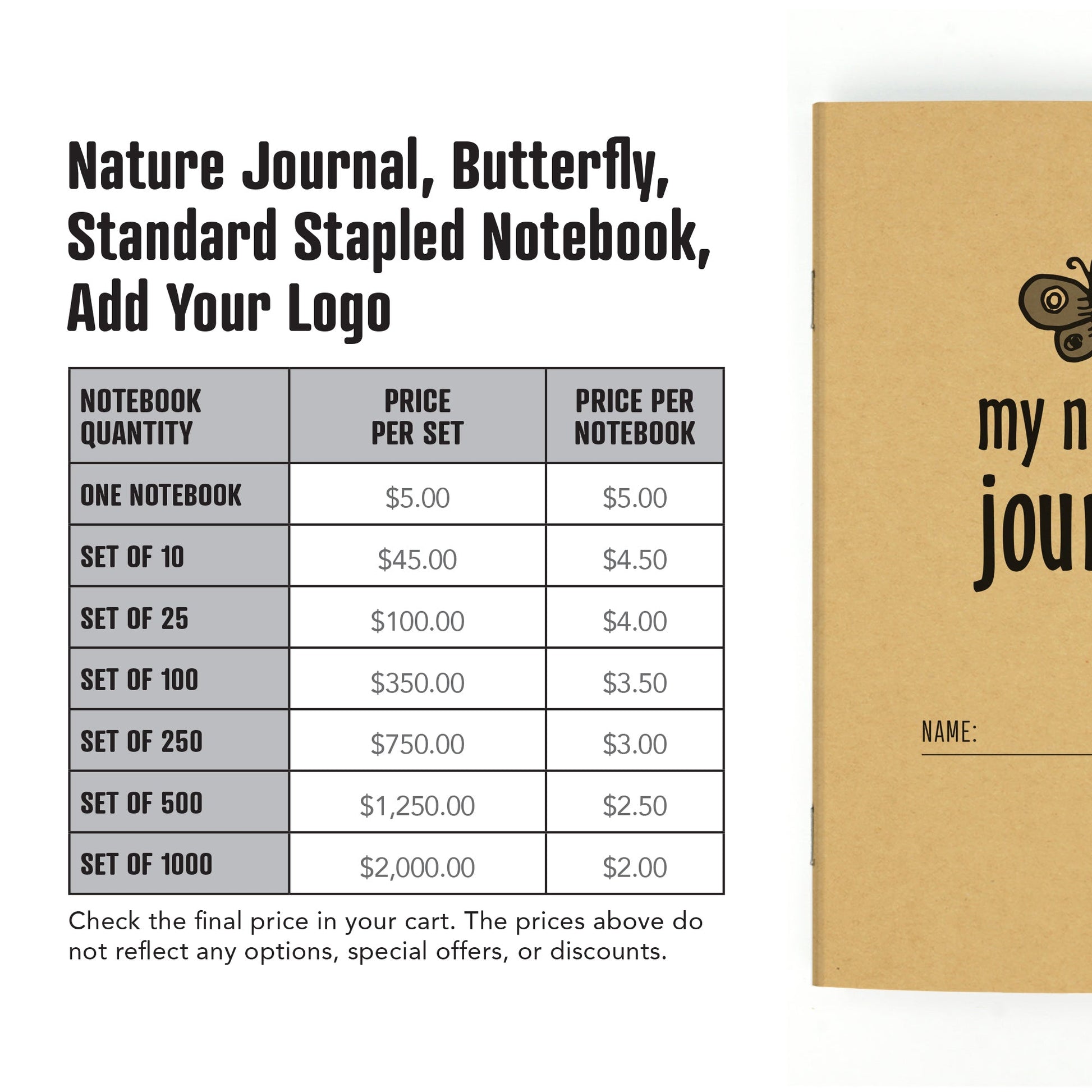 Nature Journal, Butterfly, Standard Stapled Notebook, Add Your Logo - Beech Tree Paper