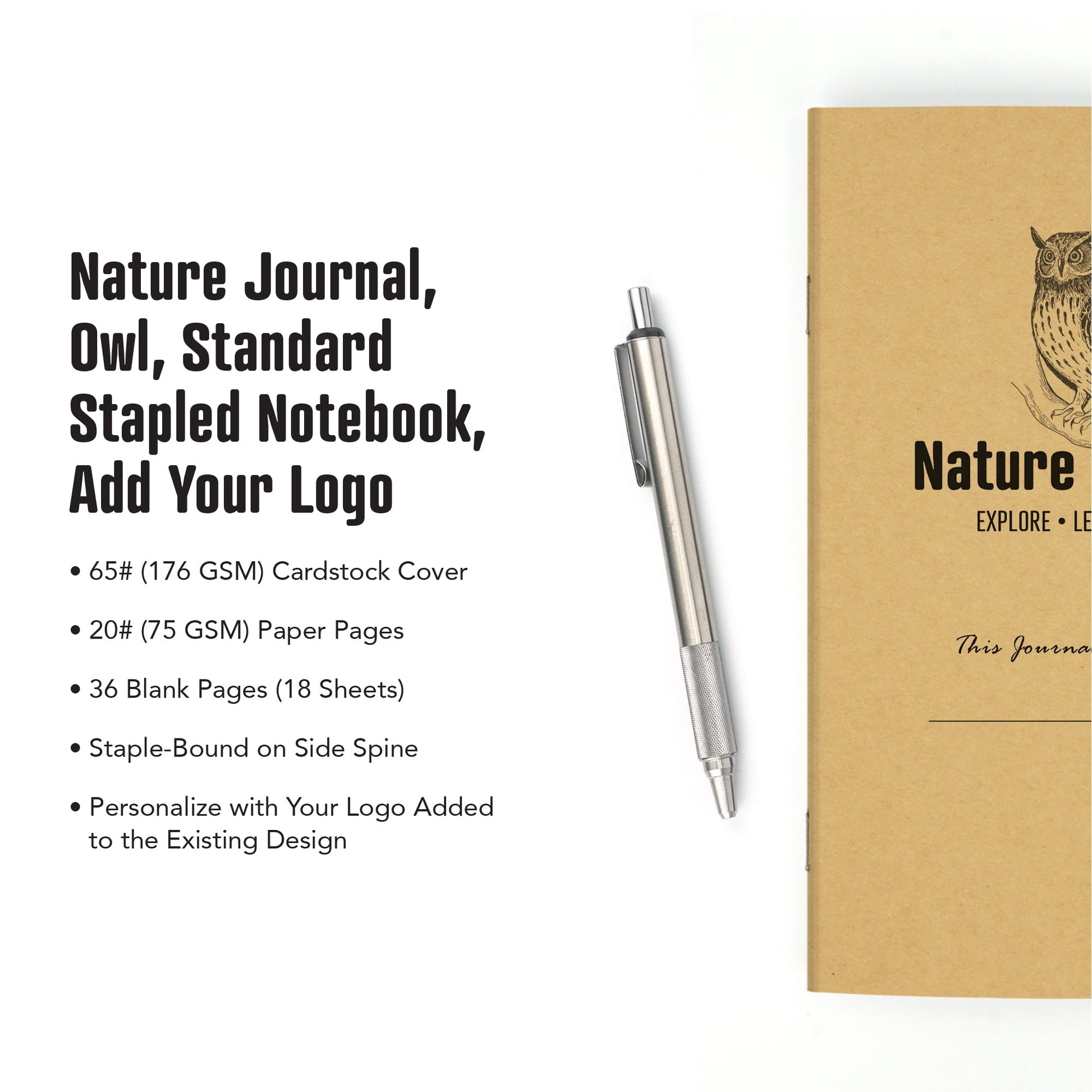 Nature Journal, Owl, Standard Stapled Notebook, Add Your Logo - Beech Tree Paper