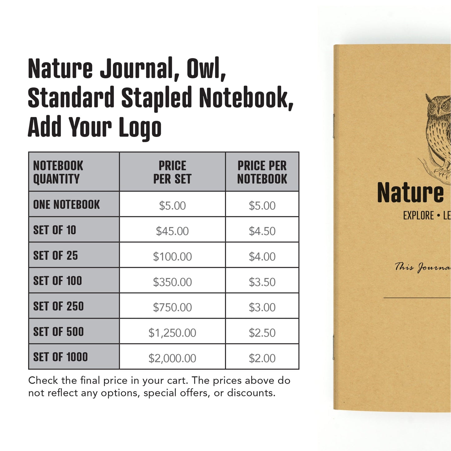 Nature Journal, Owl, Standard Stapled Notebook, Add Your Logo - Beech Tree Paper