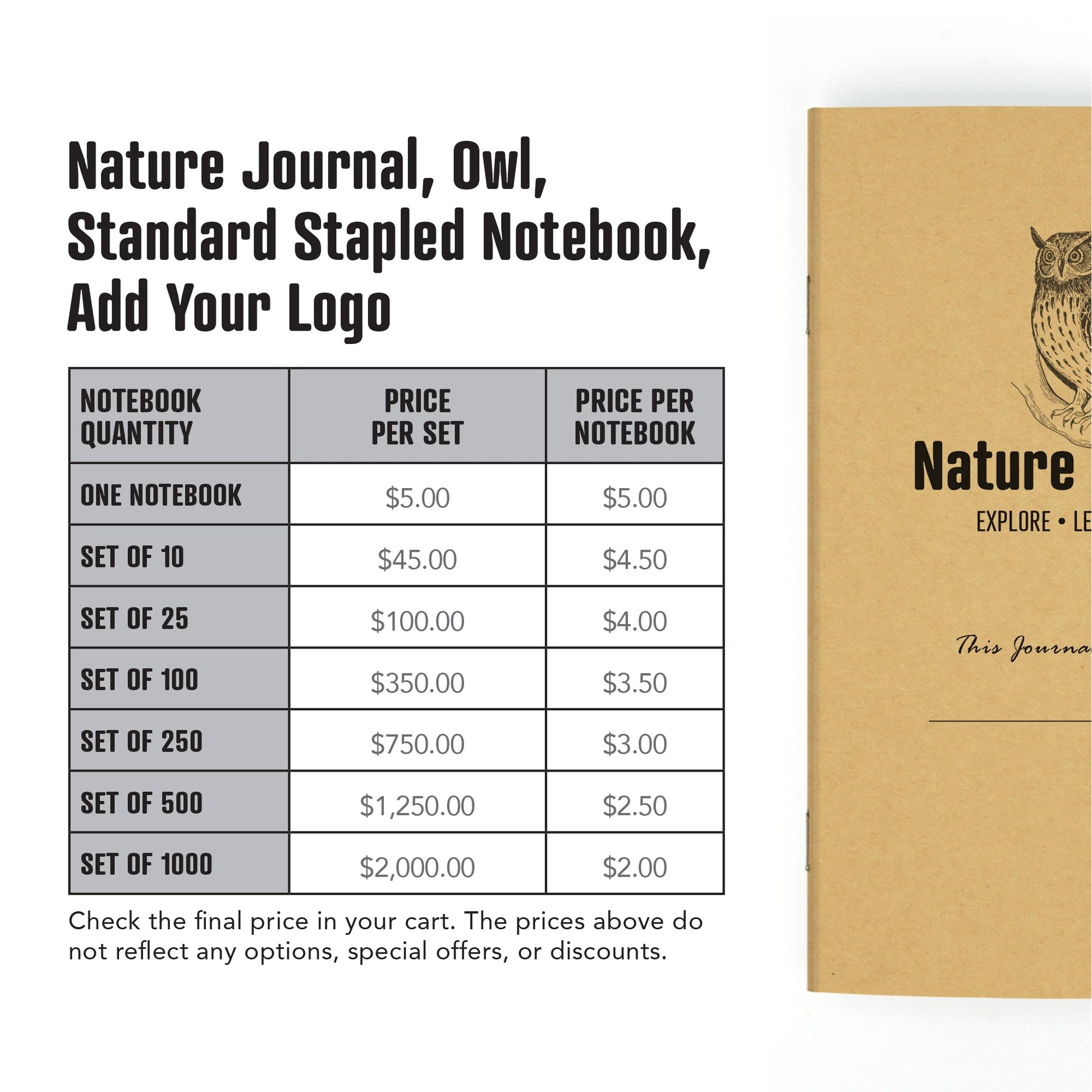 Nature Journal, Owl, Standard Stapled Notebook, Add Your Logo - Beech Tree Paper