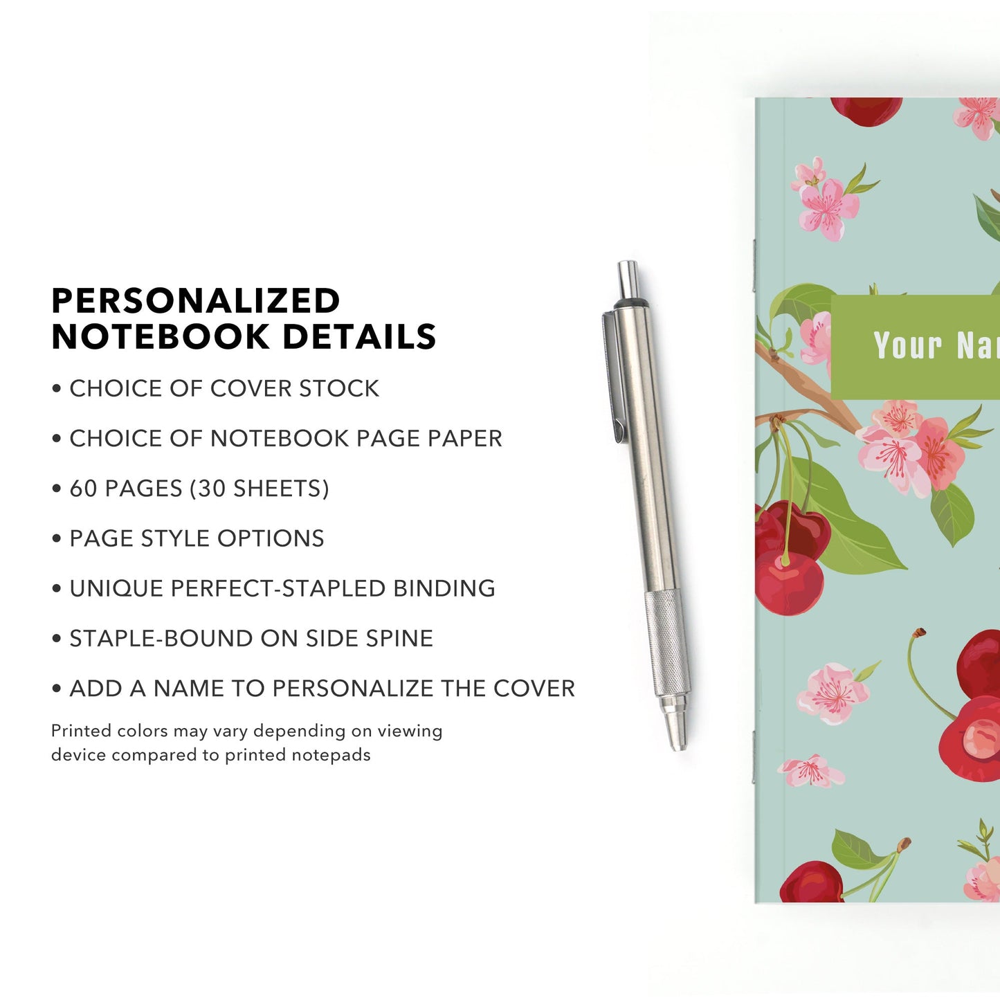 Personalized Notebook, Cherry Blossoms, Add Your Name - Beech Tree Paper