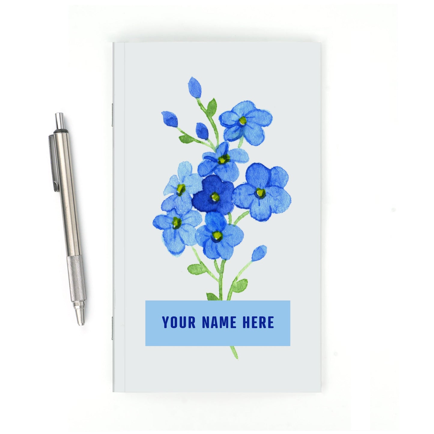 Personalized Notebook, Forget - Me - Not Flowers, Add Your Name - Beech Tree Paper