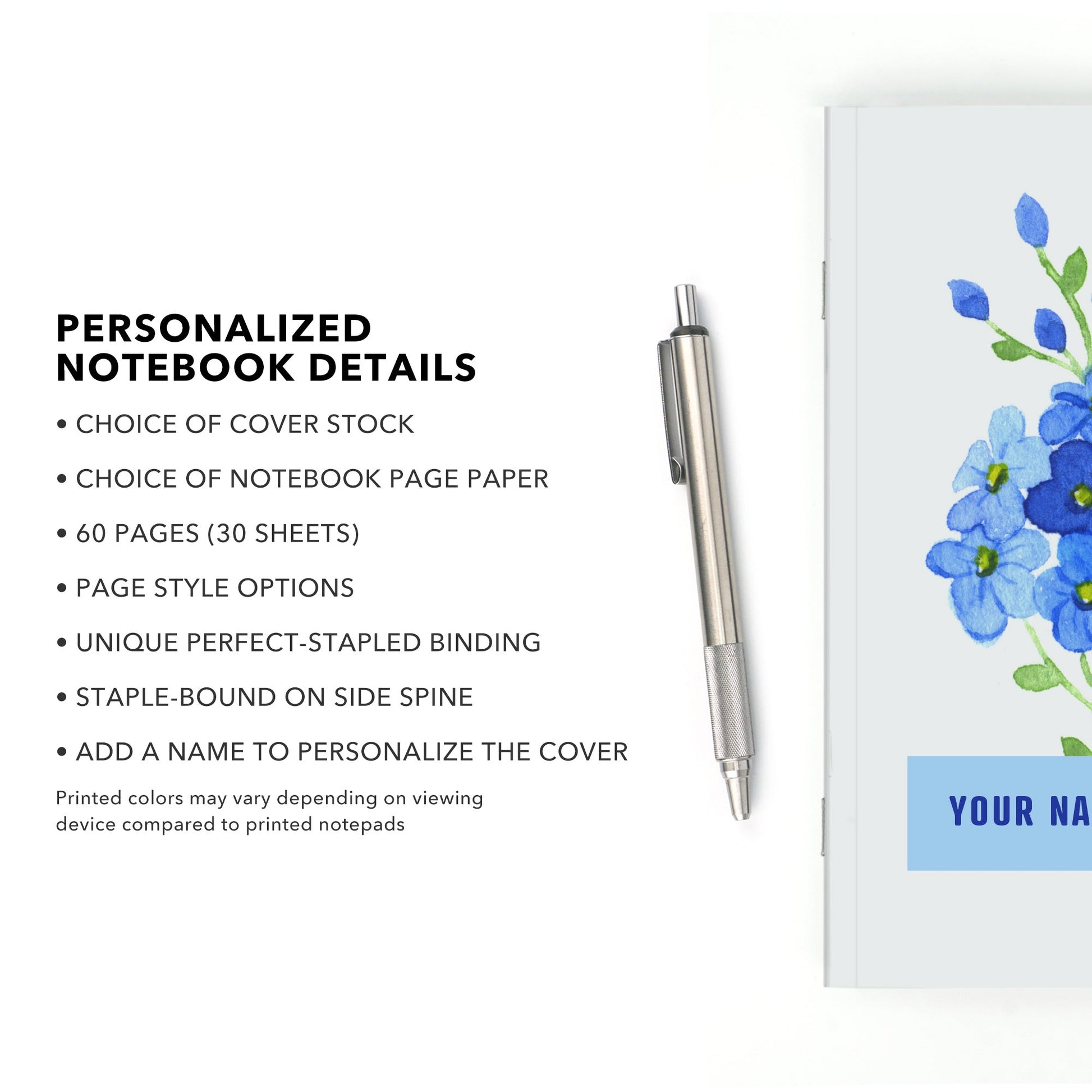 Personalized Notebook, Forget - Me - Not Flowers, Add Your Name - Beech Tree Paper