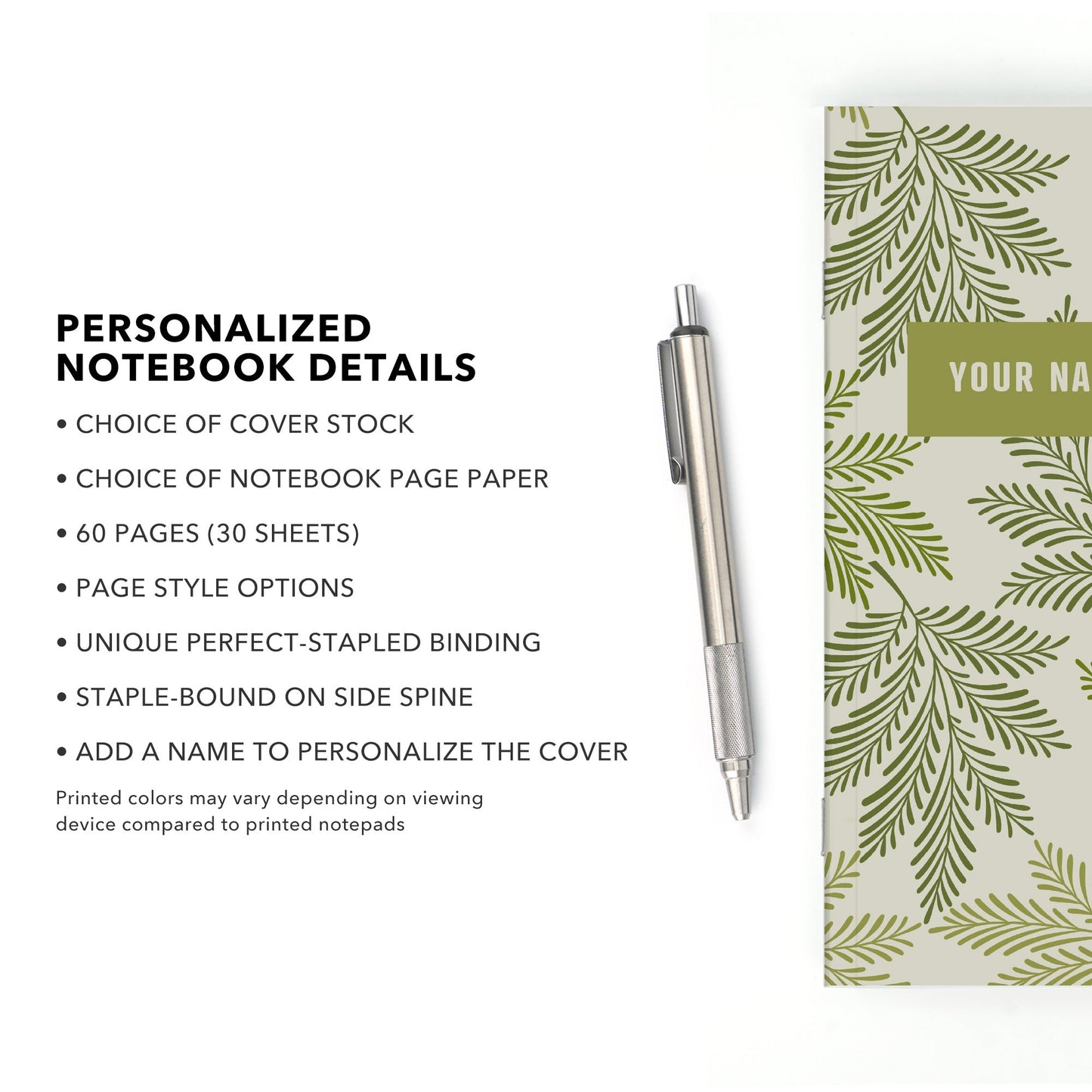 Personalized Notebook, Green Leaves, Add Your Name - Beech Tree Paper