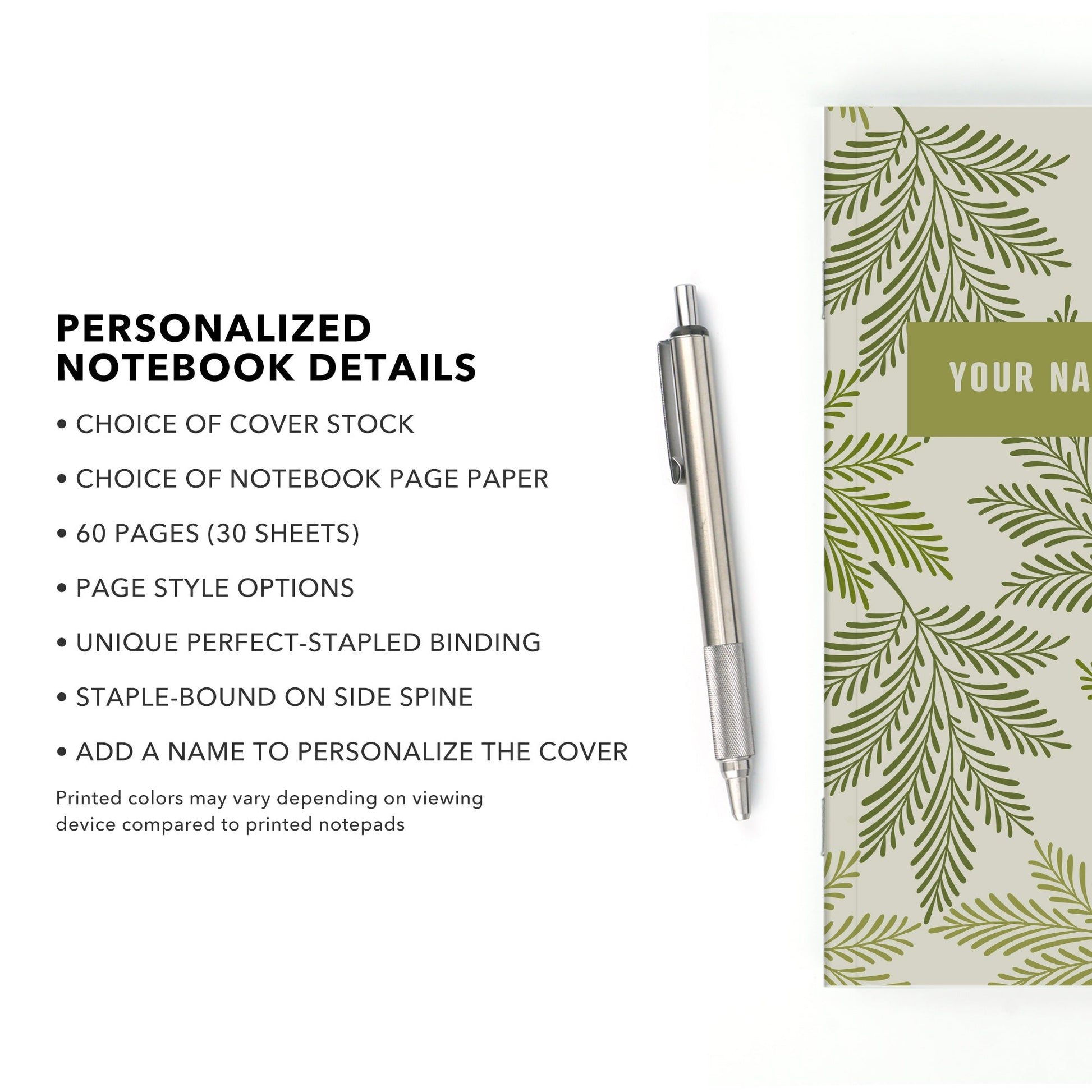 Personalized Notebook, Green Leaves, Add Your Name - Beech Tree Paper