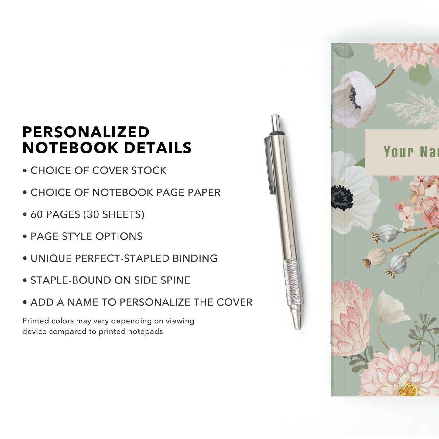 Personalized Notebook, Painted Flowers, Add Your Name - Beech Tree Paper