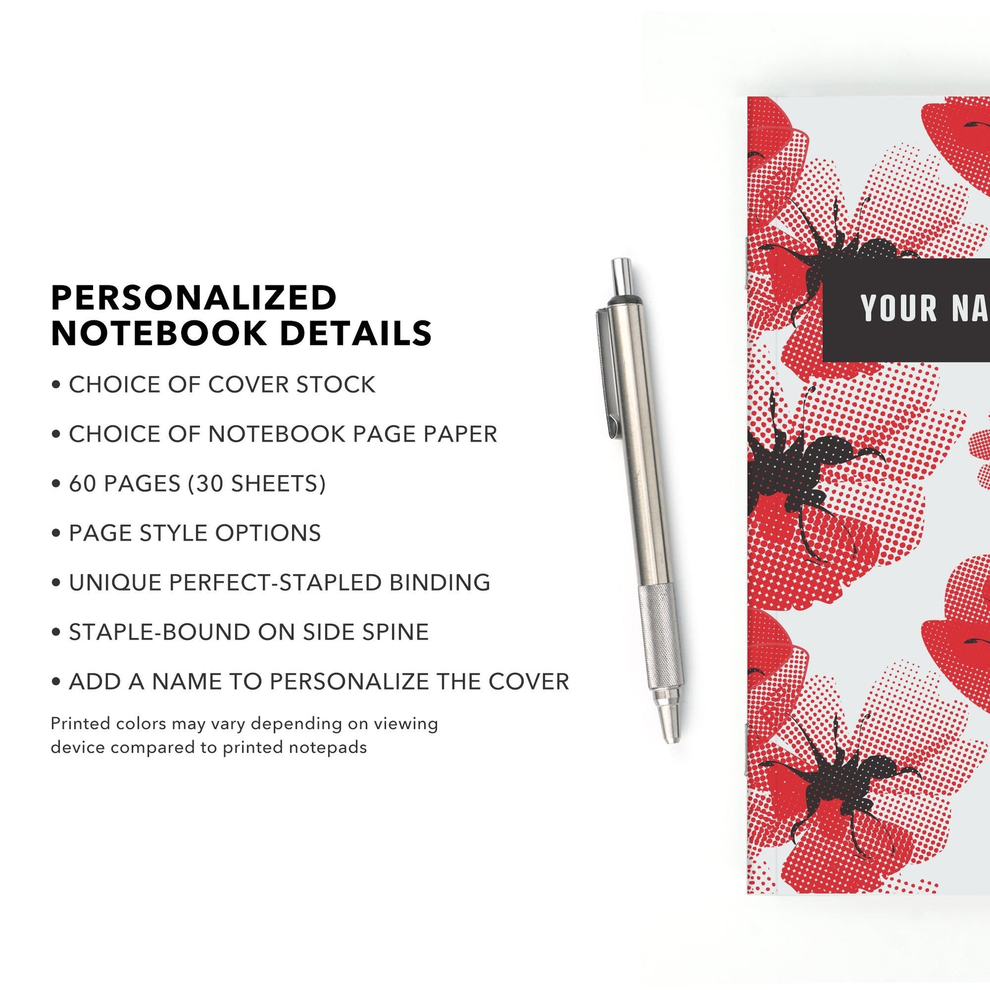 Personalized Notebook, Poppy Pattern, Add Your Name - Beech Tree Paper